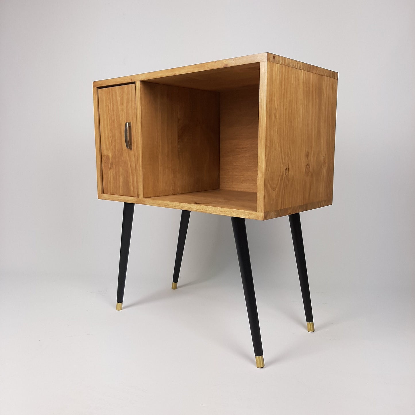 Oak Sideboard with Brass Handle Black 1950s Legs | Small Solid Wood Sideboard | Record Storage Console | Classic Style | Modernist Furniture