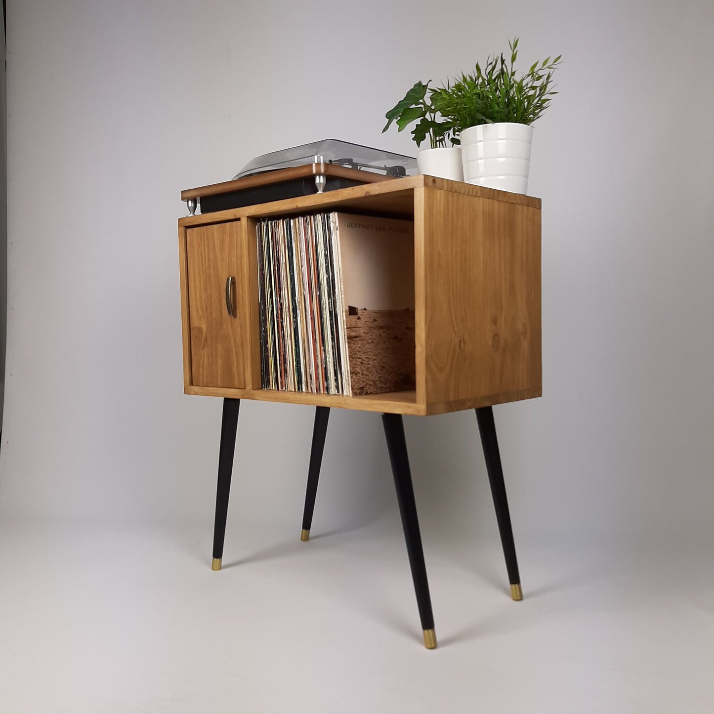 Oak Sideboard with Brass Handle Black 1950s Legs | Small Solid Wood Sideboard | Record Storage Console | Classic Style | Modernist Furniture