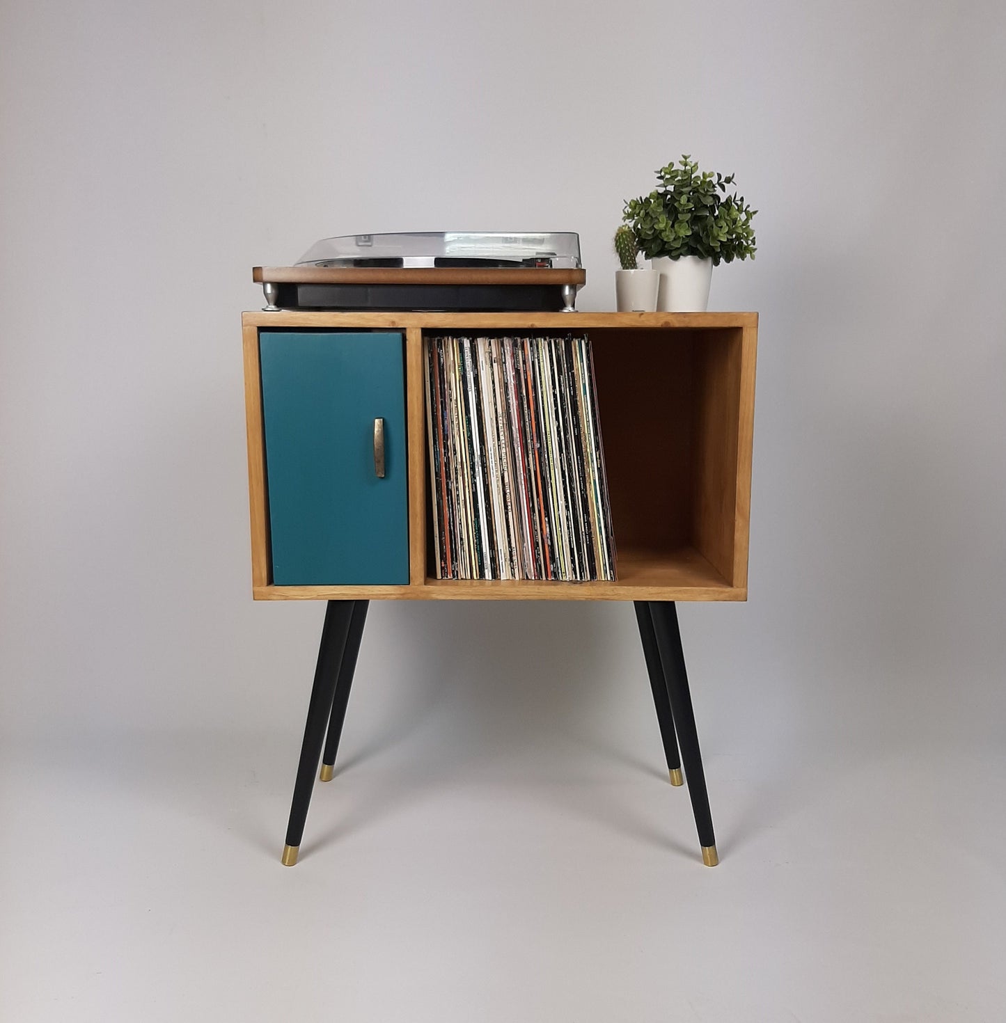 Oak Sideboard with Royal Blue Door | Vinyl Record Storage | Console Table | Record Cabinet | Mid Century Modern Legs | Dansette Record Table