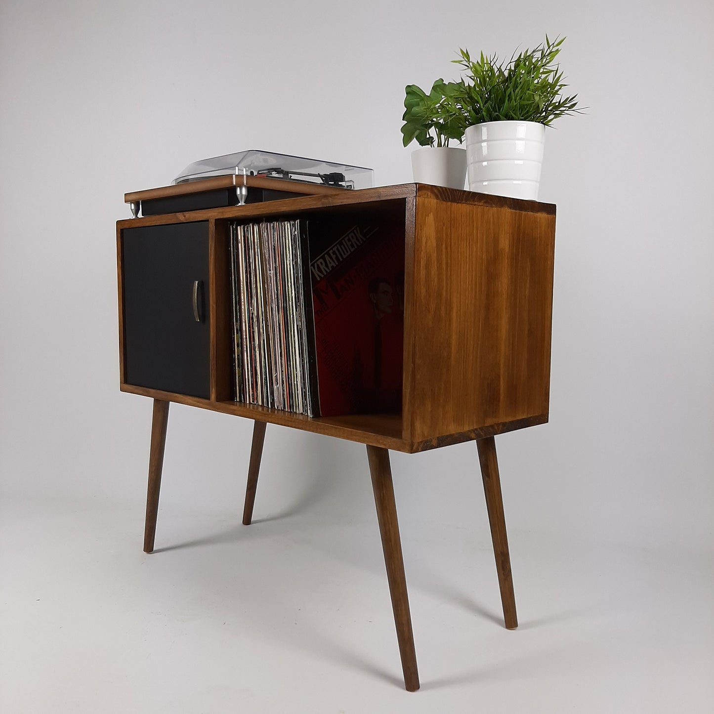 Record Table Walnut w/ Black Door and Wooden Legs | Medium Sideboard | Media Console | Vinyl Cabinet | Solid Wood Vinyl Record Table