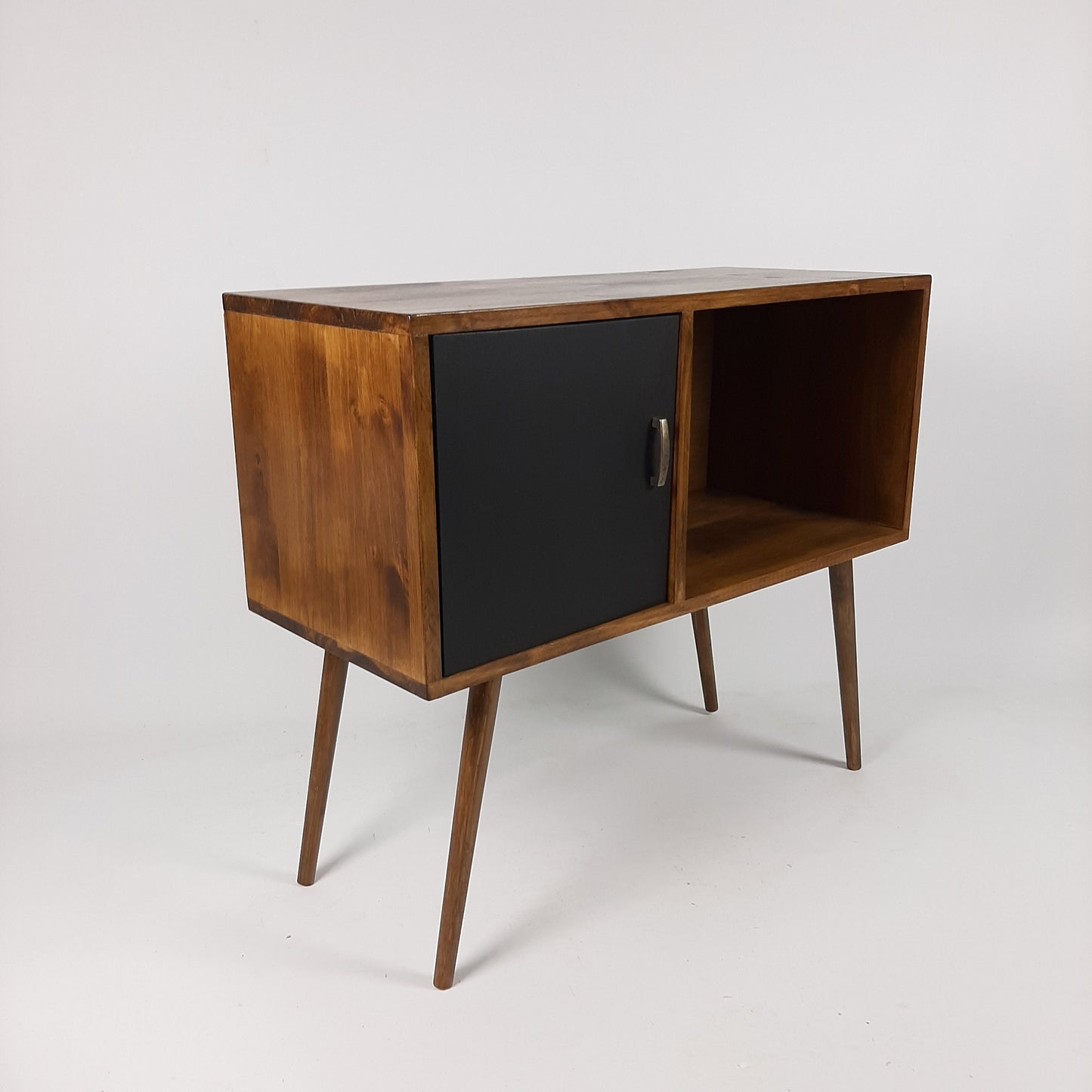 Record Table Walnut w/ Black Door and Wooden Legs | Medium Sideboard | Media Console | Vinyl Cabinet | Solid Wood Vinyl Record Table