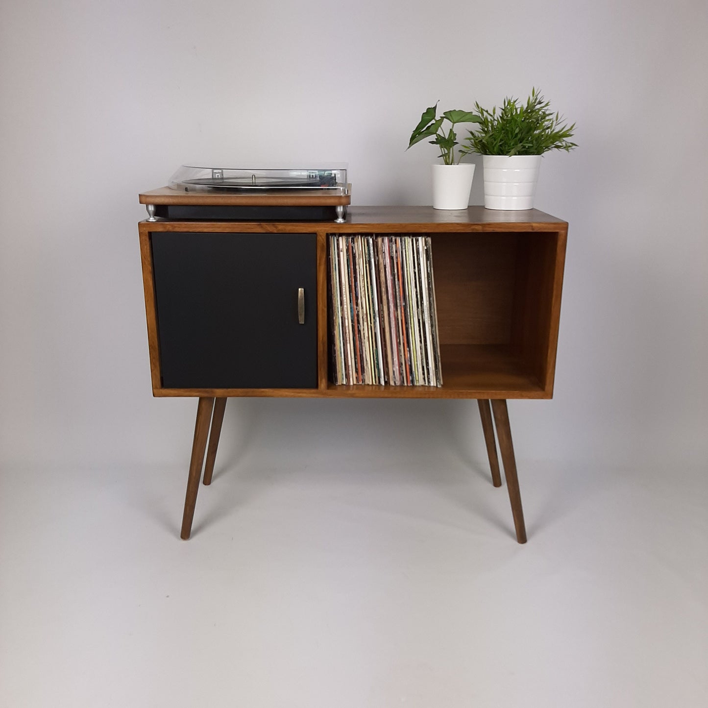 Record Table Walnut w/ Black Door and Wooden Legs | Medium Sideboard | Media Console | Vinyl Cabinet | Solid Wood Vinyl Record Table