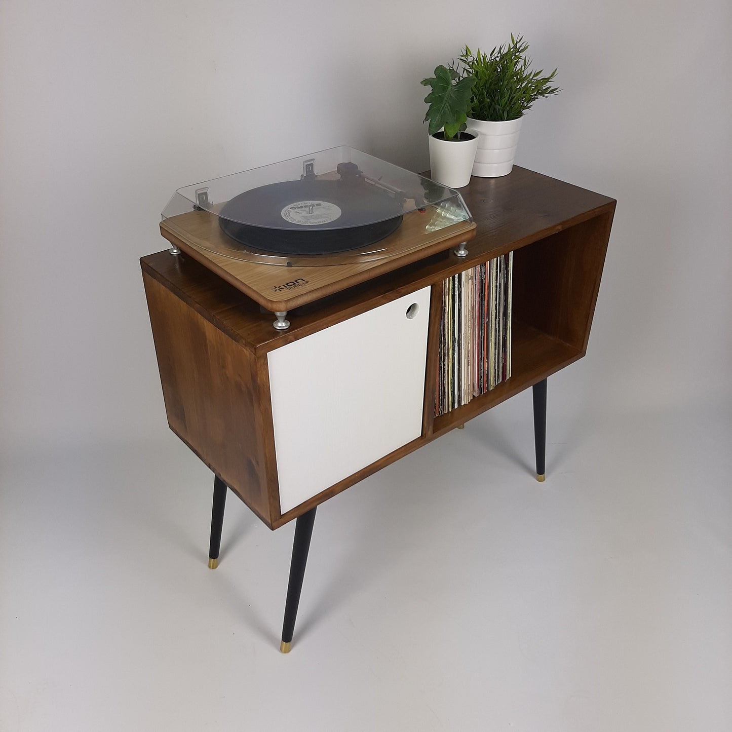 Walnut Sideboard with White Door, Brass Tipped Black Legs | Vinyl Record Storage | Mid Century Modern Table | Media Console