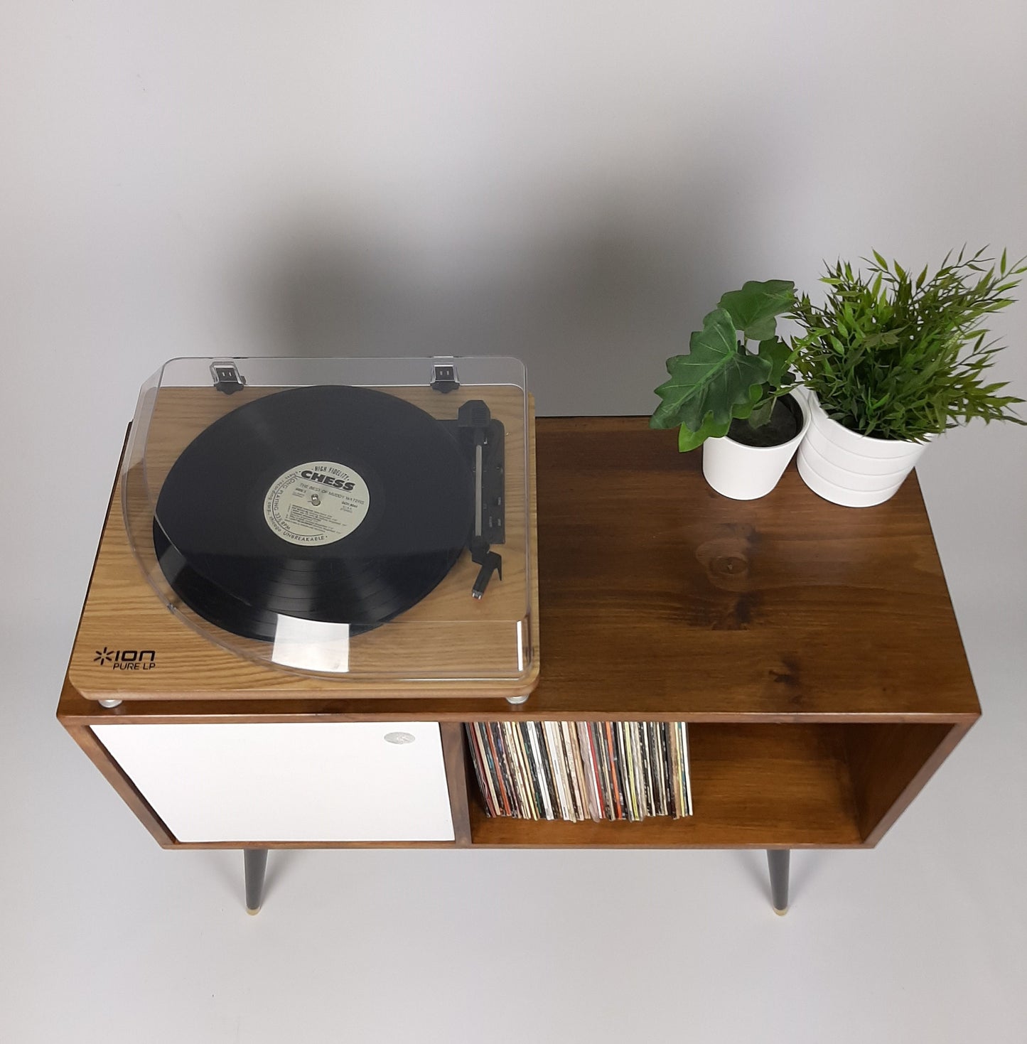 Walnut Sideboard with White Door, Brass Tipped Black Legs | Vinyl Record Storage | Mid Century Modern Table | Media Console