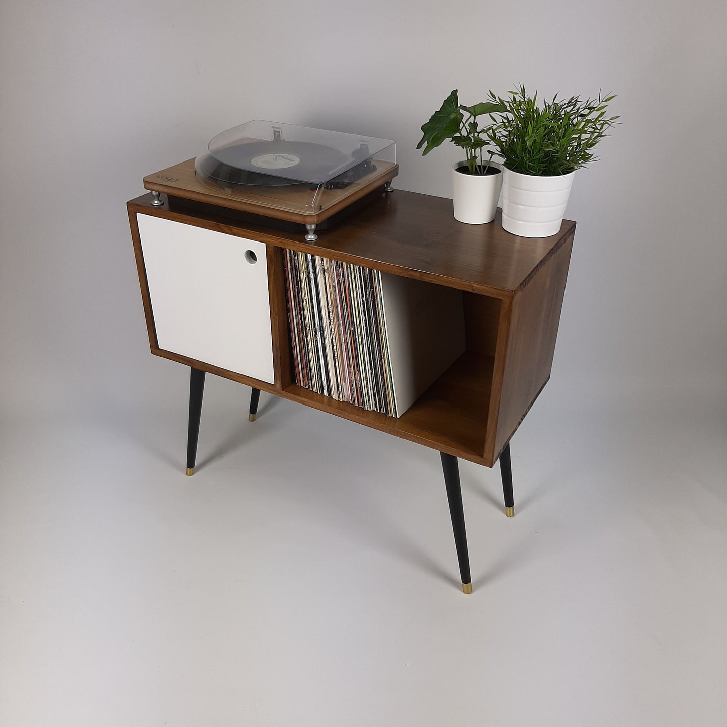 Walnut Sideboard with White Door, Brass Tipped Black Legs | Vinyl Record Storage | Mid Century Modern Table | Media Console