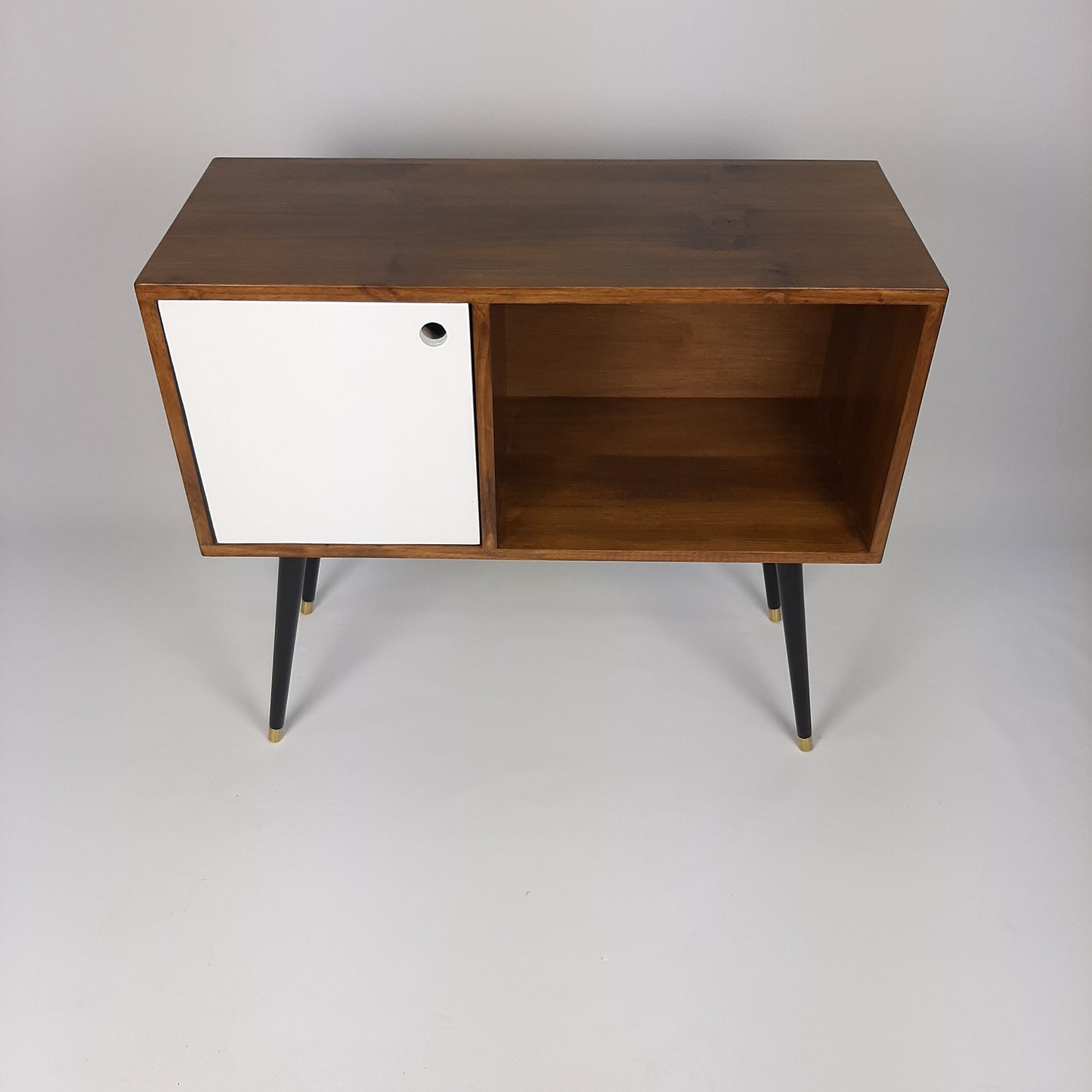 Walnut Sideboard with White Door, Brass Tipped Black Legs | Vinyl Record Storage | Mid Century Modern Table | Media Console