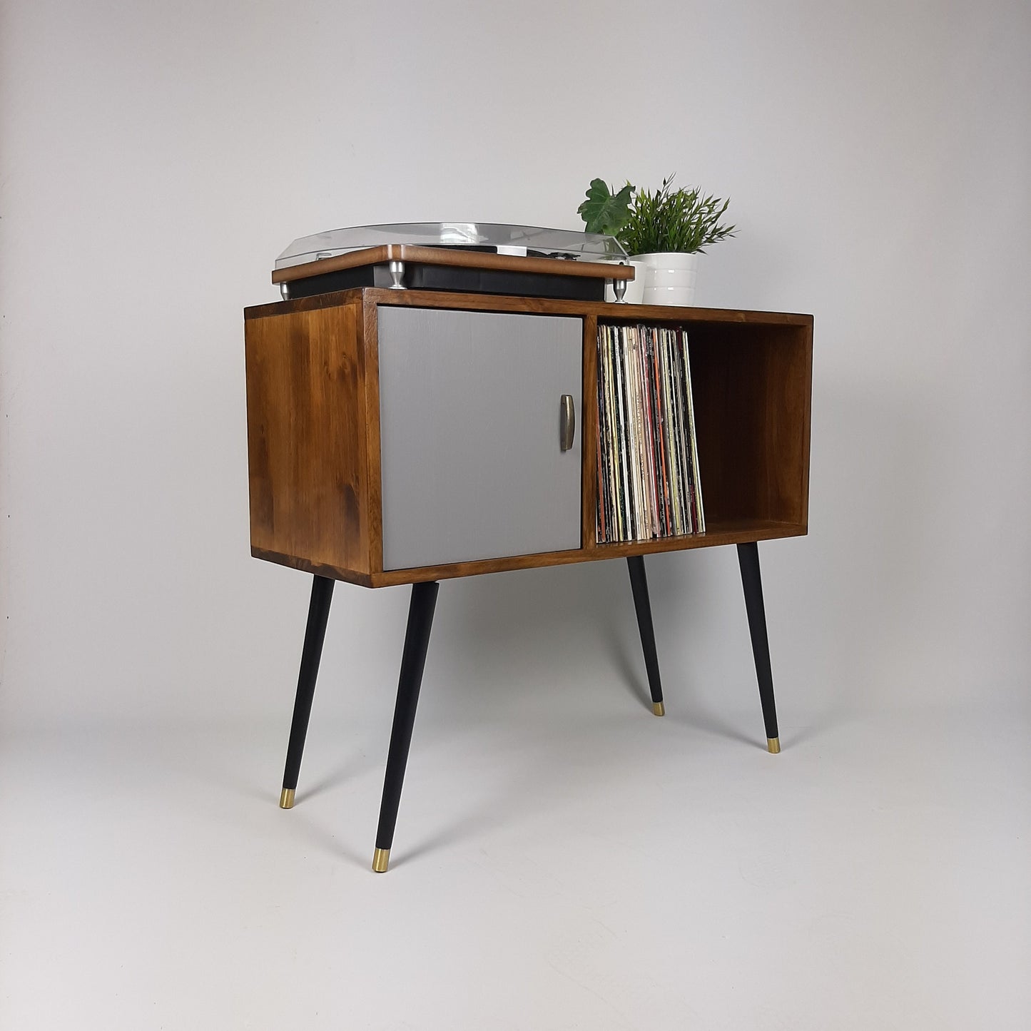Walnut Sideboard with Grey Door, Brass Tipped Black Legs | Vinyl Record Storage | Mid Century Modern Table | Media Console
