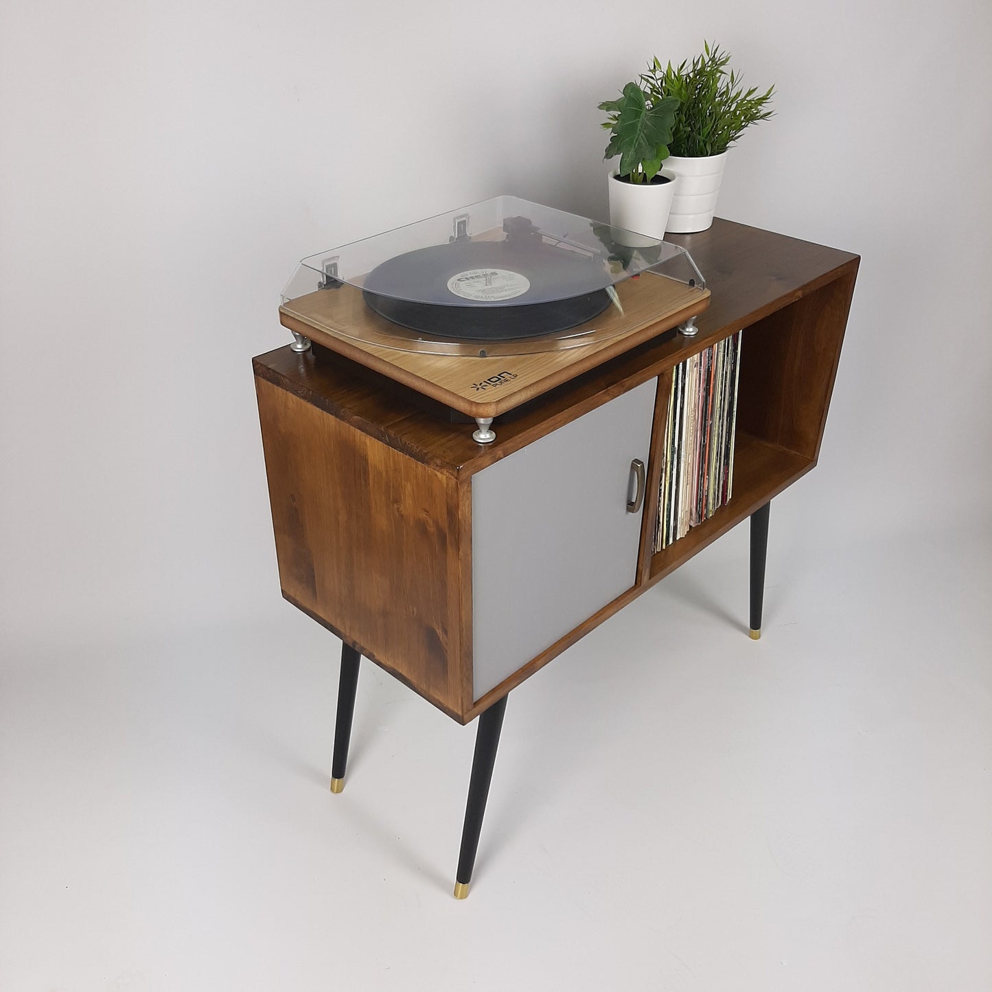 Walnut Sideboard with Grey Door, Brass Tipped Black Legs | Vinyl Record Storage | Mid Century Modern Table | Media Console