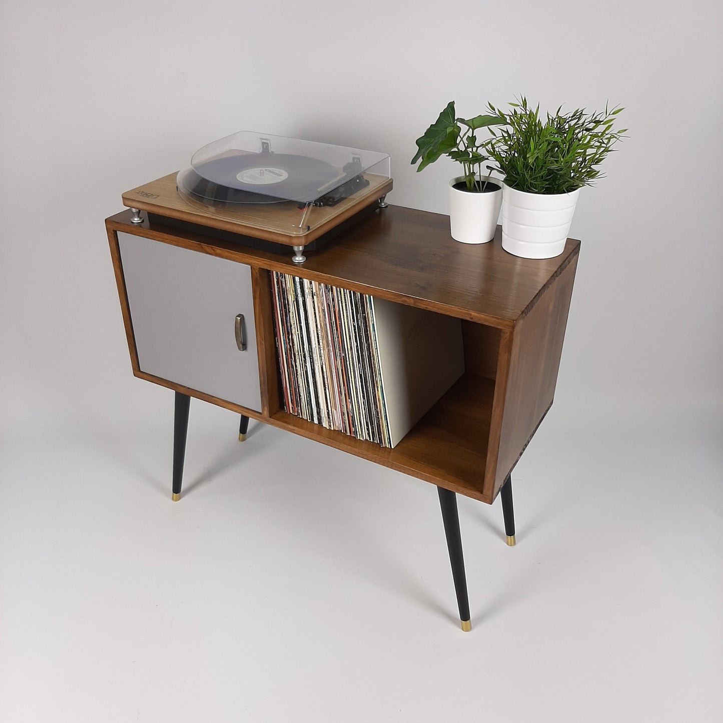 Walnut Sideboard with Grey Door, Brass Tipped Black Legs | Vinyl Record Storage | Mid Century Modern Table | Media Console