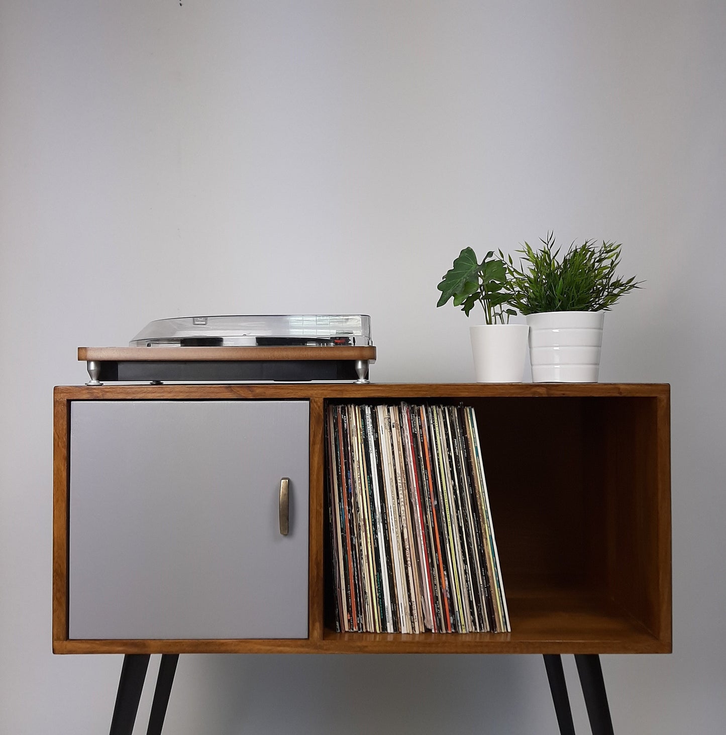 Walnut Sideboard with Grey Door, Brass Tipped Black Legs | Vinyl Record Storage | Mid Century Modern Table | Media Console