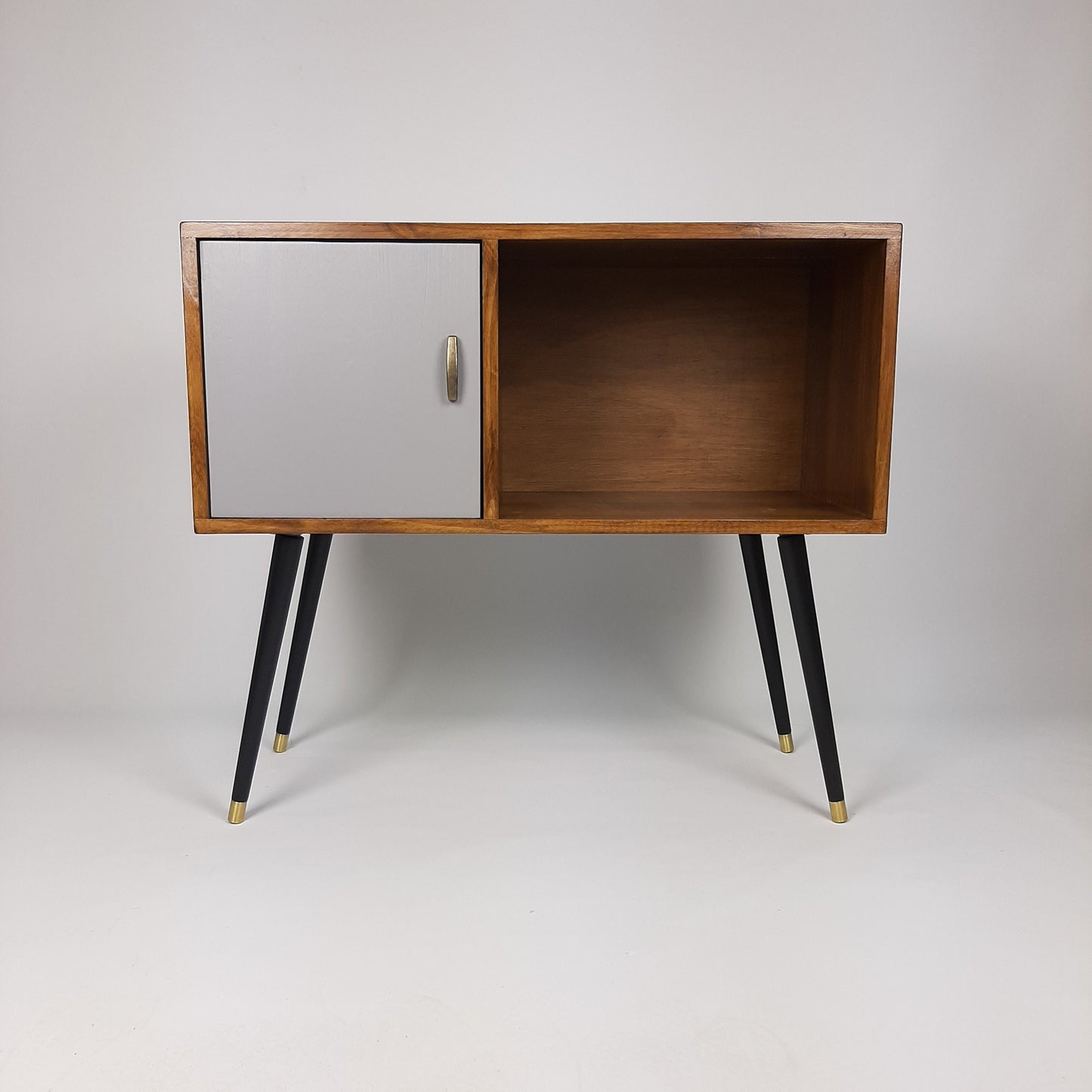 Walnut Sideboard with Grey Door, Brass Tipped Black Legs | Vinyl Record Storage | Mid Century Modern Table | Media Console