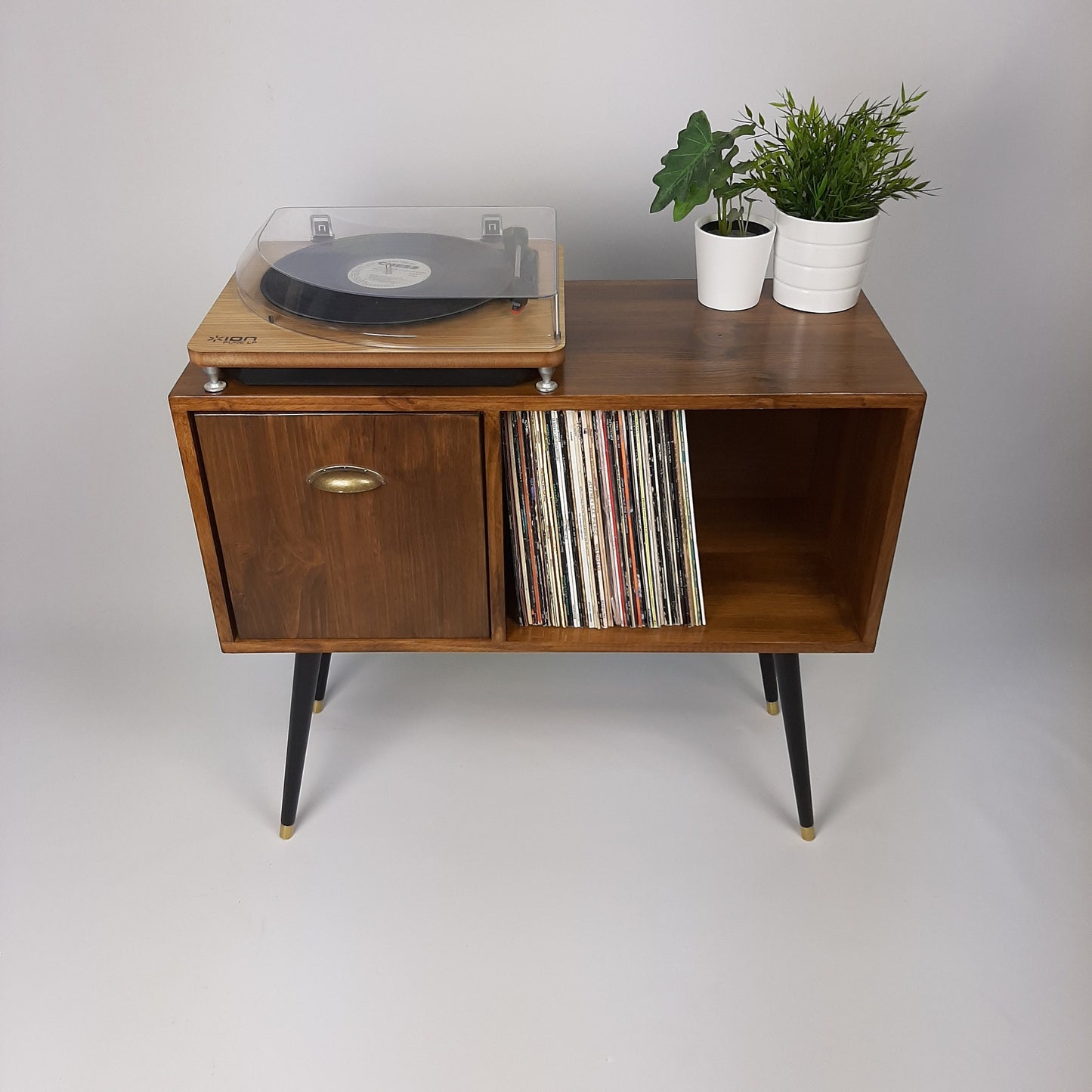 The Original Vinyl Record Table | Pull Down Door Brass Handle | Sideboard | Credenza | Mid Century Modern