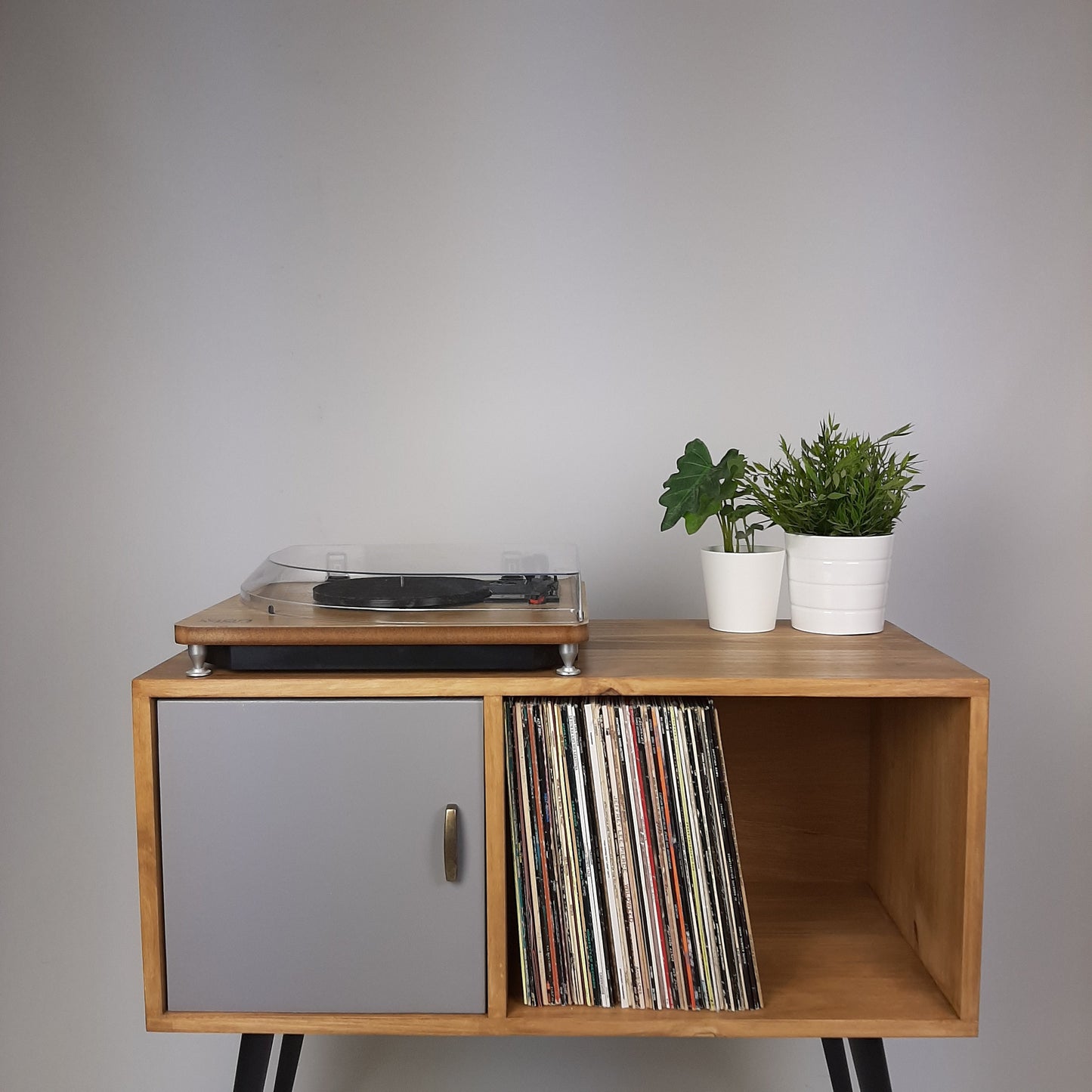 Oak Sideboard | Grey Door | Vinyl Record Storage | Solid Wood Sideboard | Black Legs | Credenza