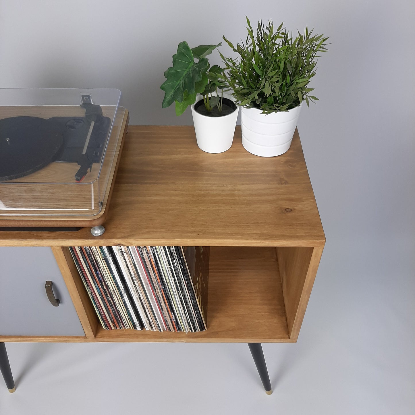 Oak Sideboard | Grey Door | Vinyl Record Storage | Solid Wood Sideboard | Black Legs | Credenza