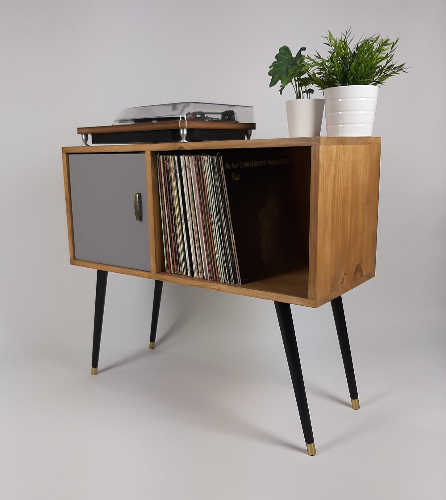 Oak Sideboard | Grey Door | Vinyl Record Storage | Solid Wood Sideboard | Black Legs | Credenza