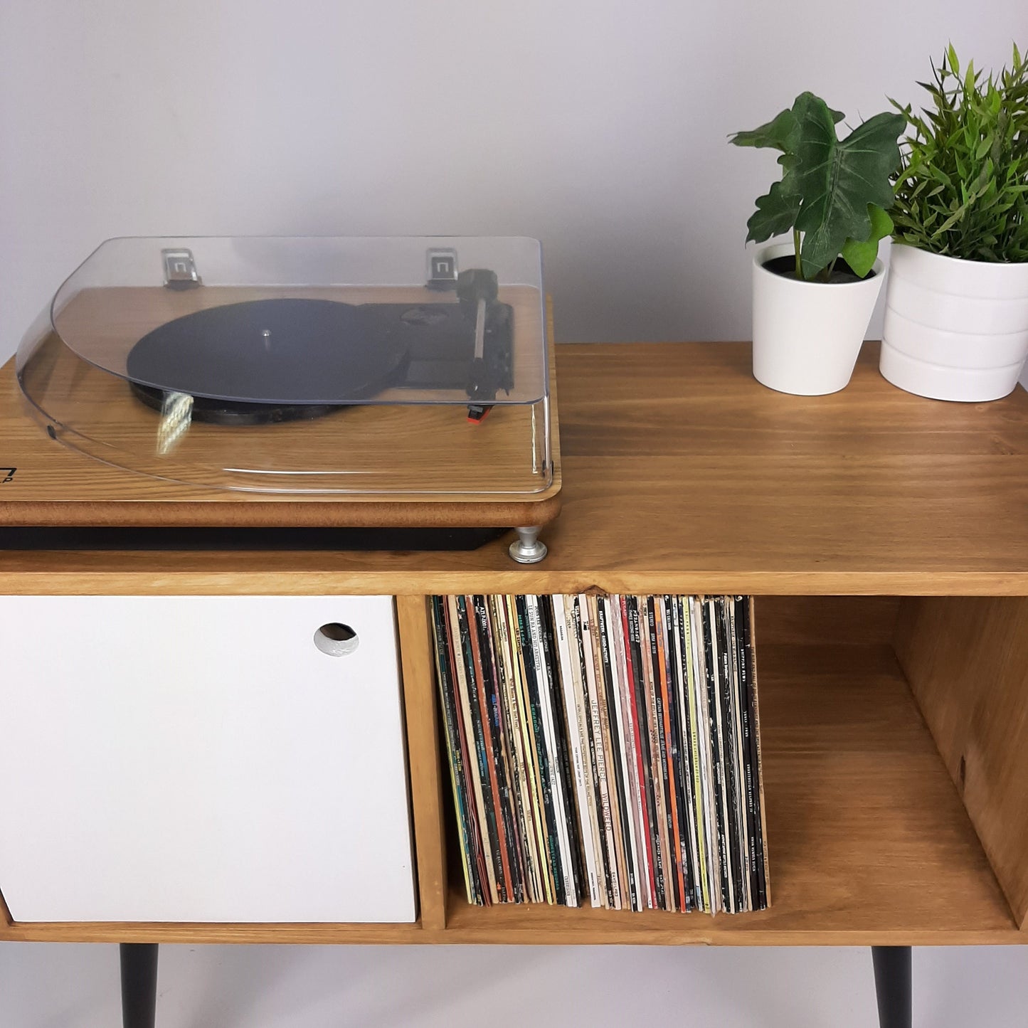 Oak Sideboard | White Door & Black Legs | Vinyl Record Storage | Mid Century Modern Table