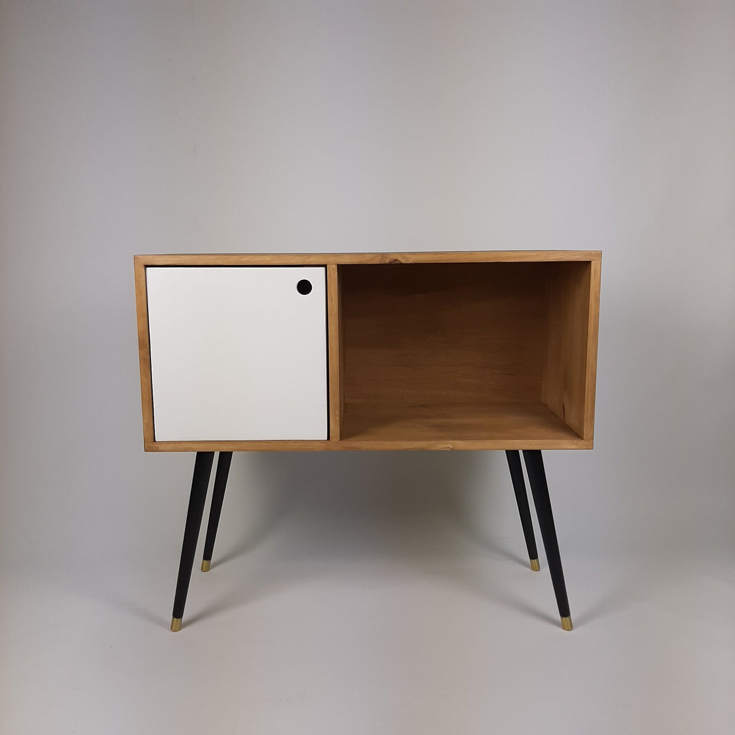 Oak Sideboard | White Door & Black Legs | Vinyl Record Storage | Mid Century Modern Table