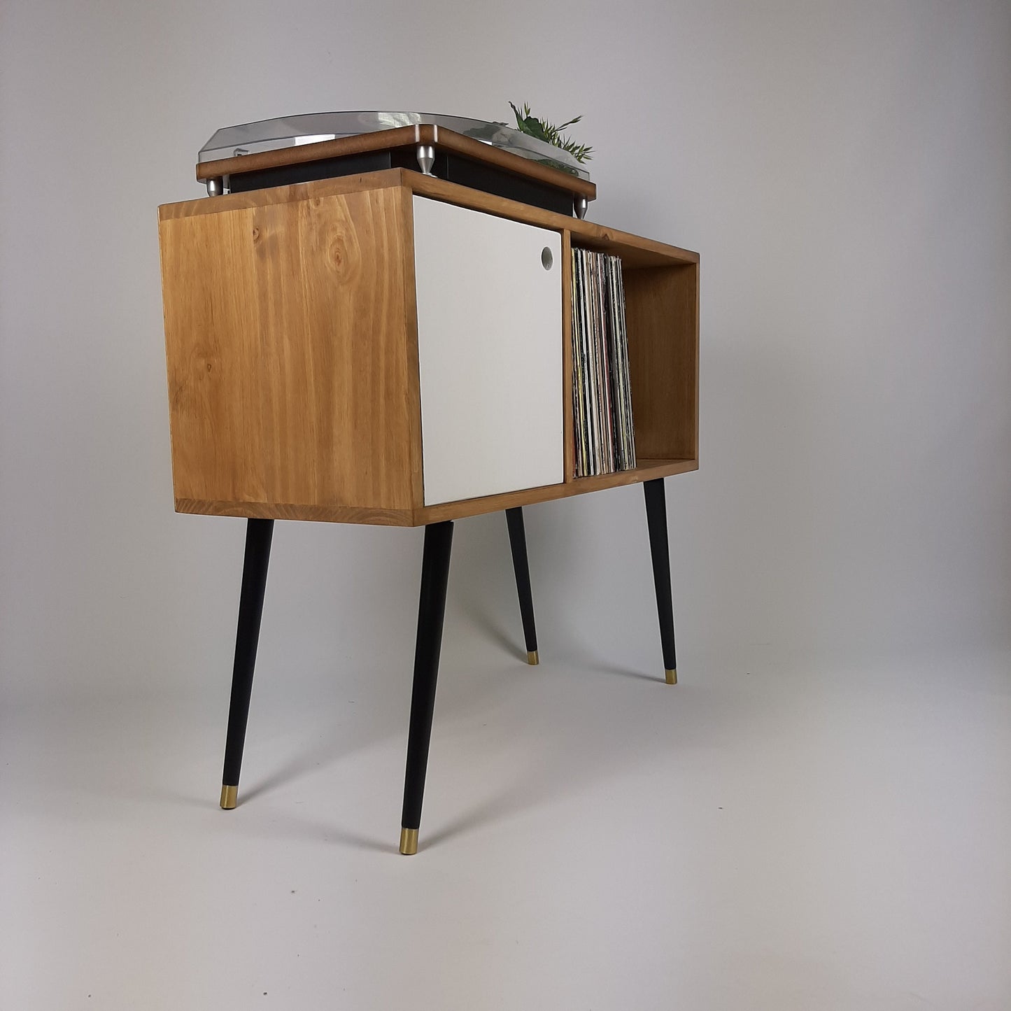 Oak Sideboard | White Door & Black Legs | Vinyl Record Storage | Mid Century Modern Table
