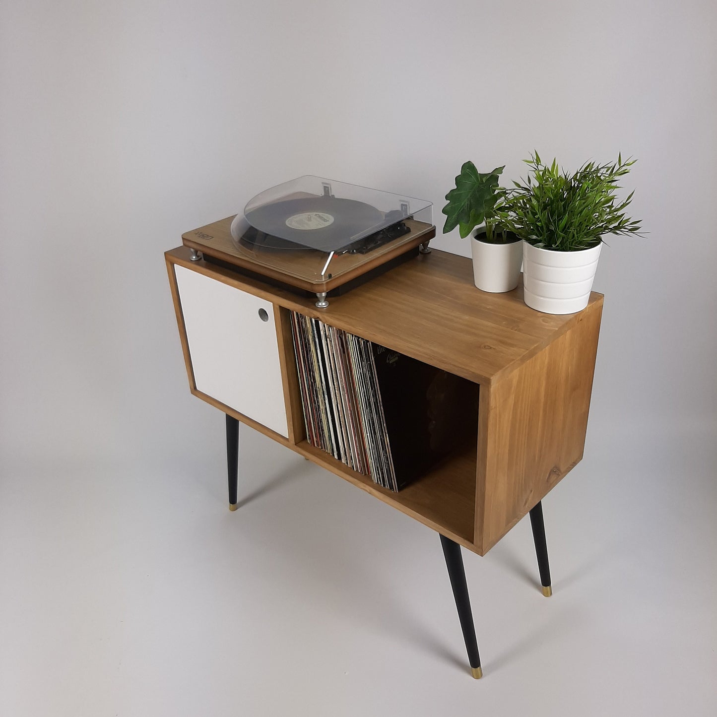 Oak Sideboard | White Door & Black Legs | Vinyl Record Storage | Mid Century Modern Table