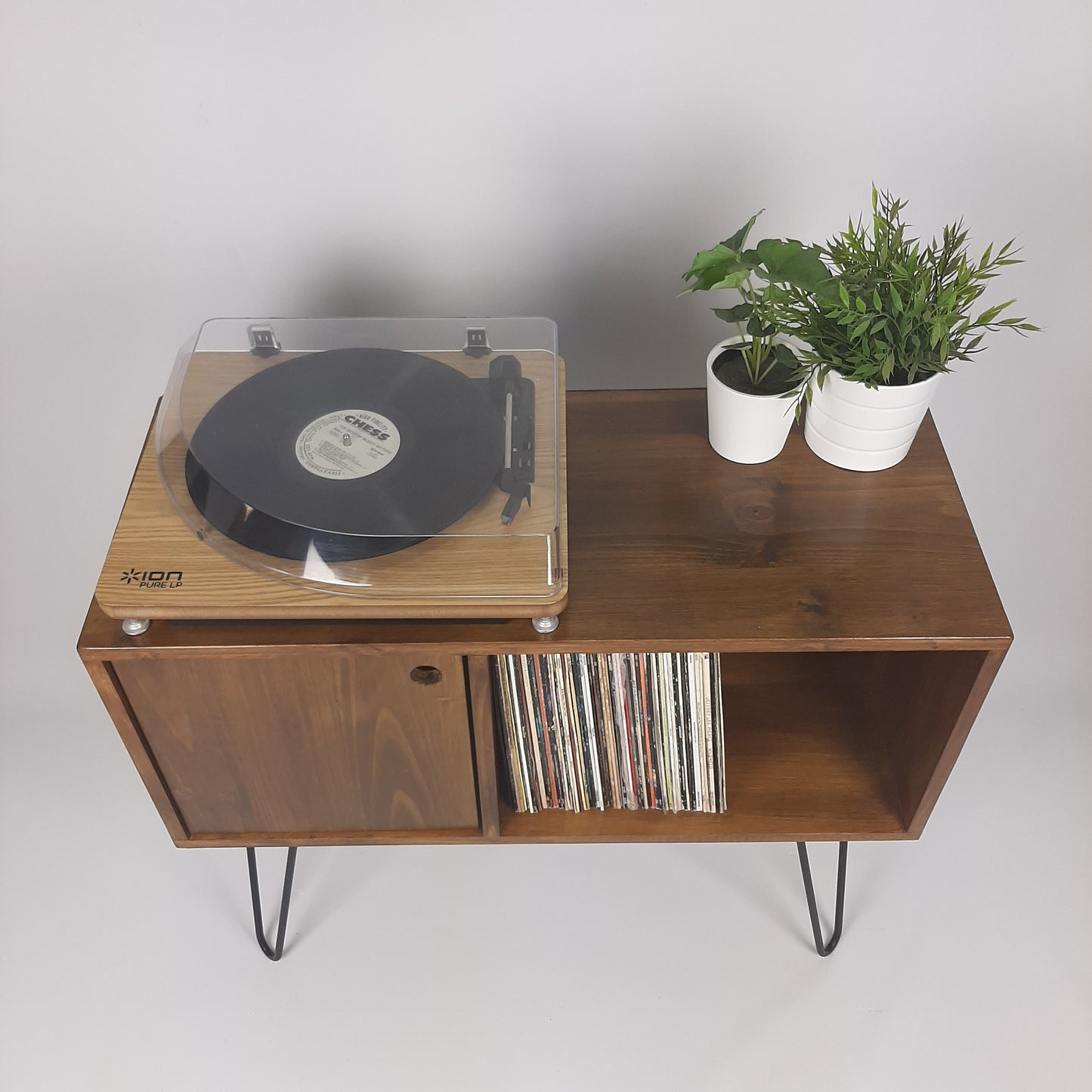 Walnut Sideboard with Black Hairpin Legs | Vinyl Record Storage | Minimalist Record Table | Sideboard