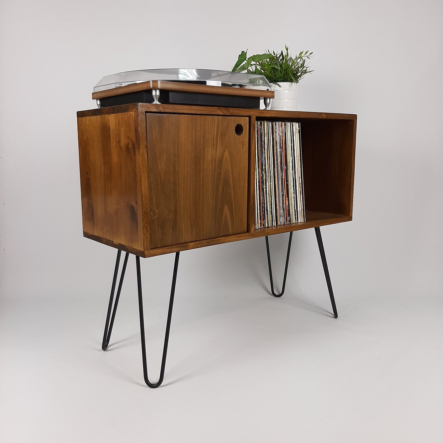 Walnut Sideboard with Black Hairpin Legs | Vinyl Record Storage | Minimalist Record Table | Sideboard