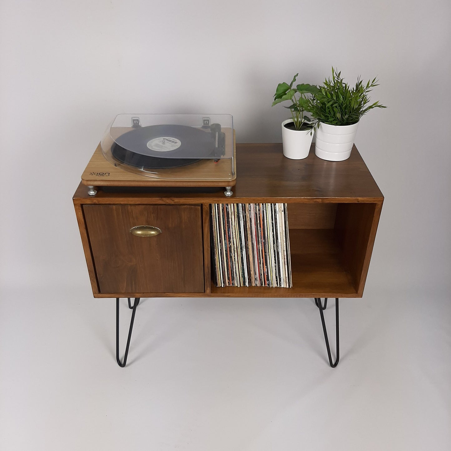 Vinyl Record Storage | Walnut Sideboard | Brass Handle | Media Console | Black Hairpin Legs | Mid Century Modern | Credenza
