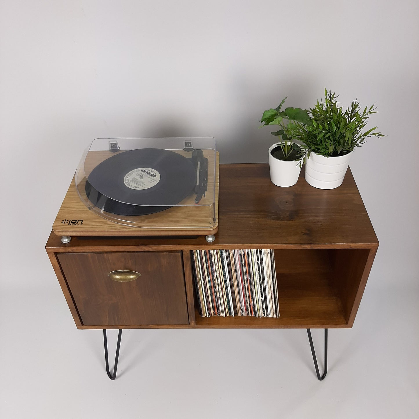 Vinyl Record Storage | Walnut Sideboard | Brass Handle | Media Console | Black Hairpin Legs | Mid Century Modern | Credenza