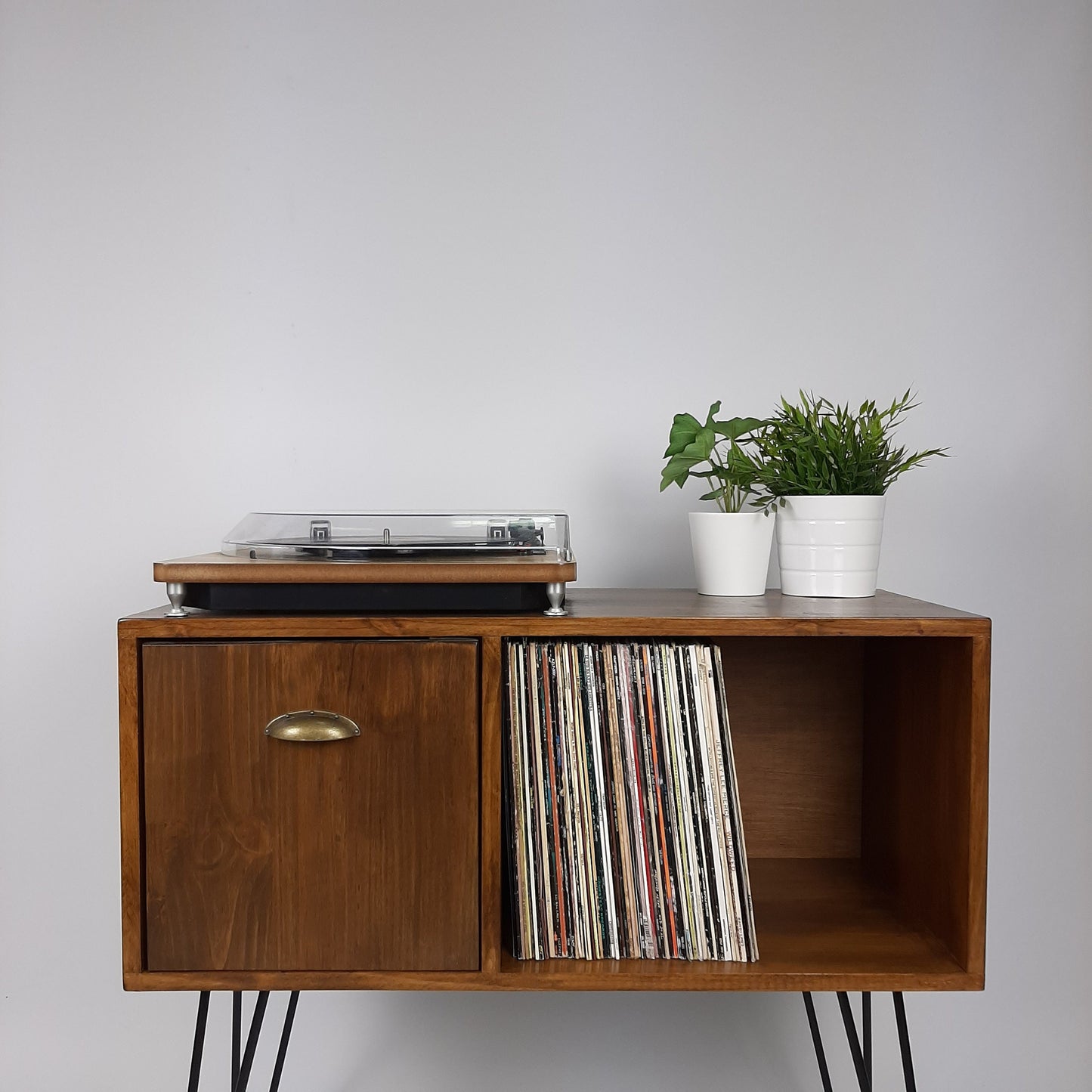 Vinyl Record Storage | Walnut Sideboard | Brass Handle | Media Console | Black Hairpin Legs | Mid Century Modern | Credenza