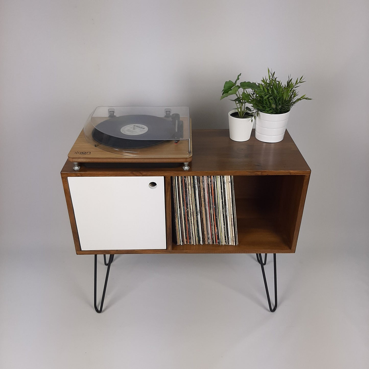 Walnut Sideboard w/ White Door & Black Hairpin Legs | Vinyl Record Storage | Media Console