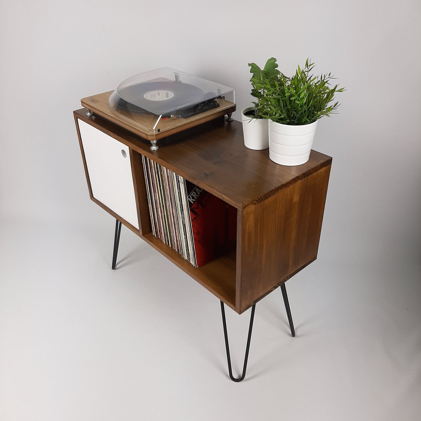 Walnut Sideboard w/ White Door & Black Hairpin Legs | Vinyl Record Storage | Media Console