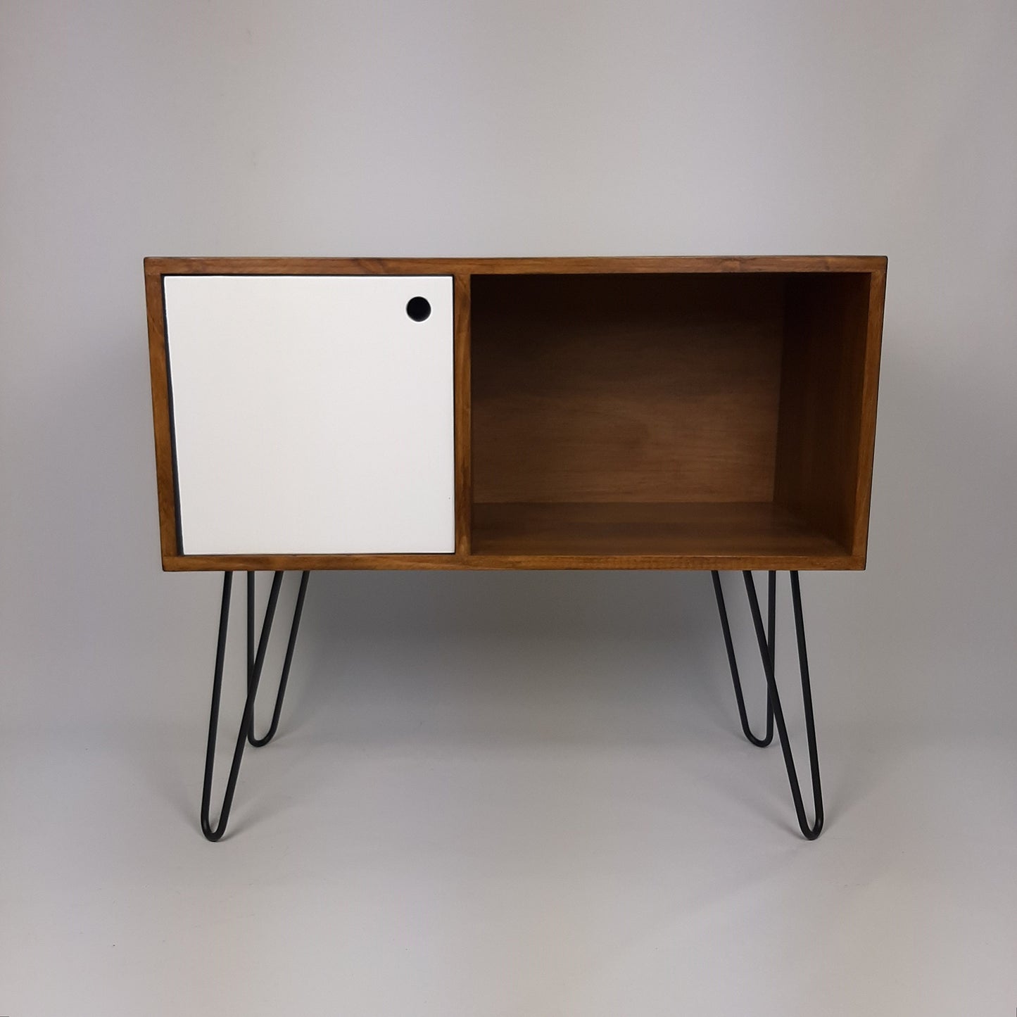 Walnut Sideboard w/ White Door & Black Hairpin Legs | Vinyl Record Storage | Media Console
