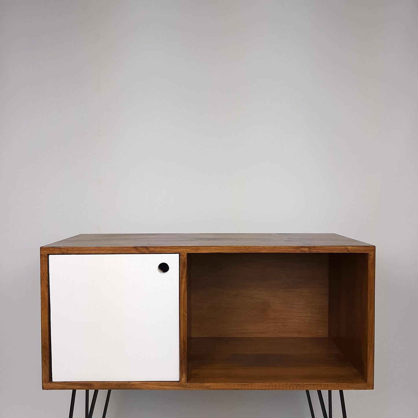 Walnut Sideboard w/ White Door & Black Hairpin Legs | Vinyl Record Storage | Media Console