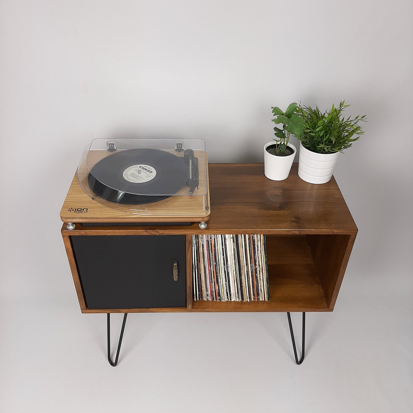 Walnut Sideboard w/ Hairpin Legs | Vinyl Record Storage | Record Table | Scandinavian Design | Side Table