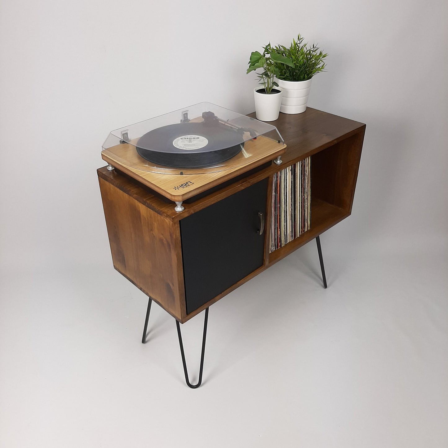 Walnut Sideboard w/ Hairpin Legs | Vinyl Record Storage | Record Table | Scandinavian Design | Side Table