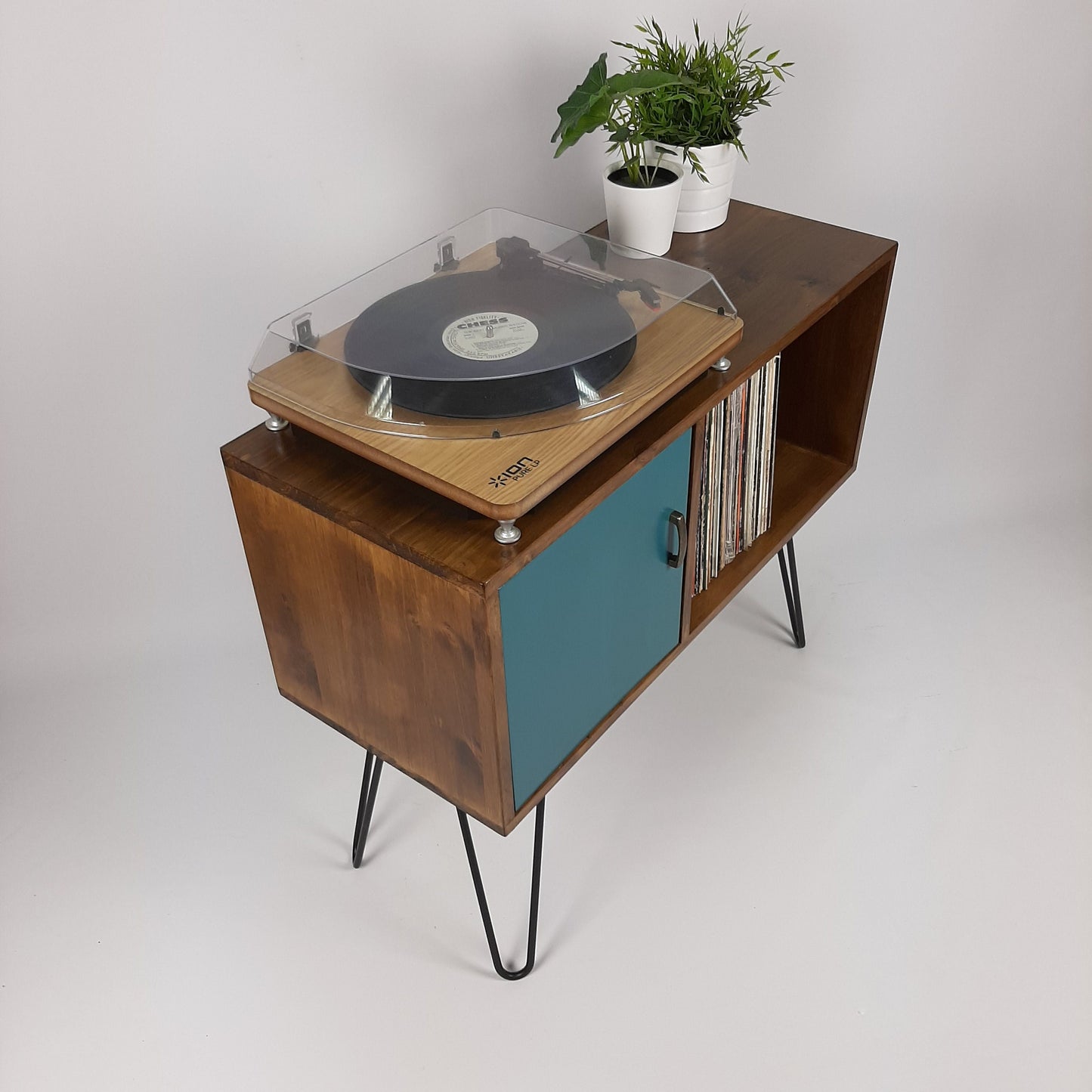 Walnut Sideboard Black Hairpin Legs & Royal Blue Door | Solid Wood Sideboard | Handmade | Vinyl record Storage
