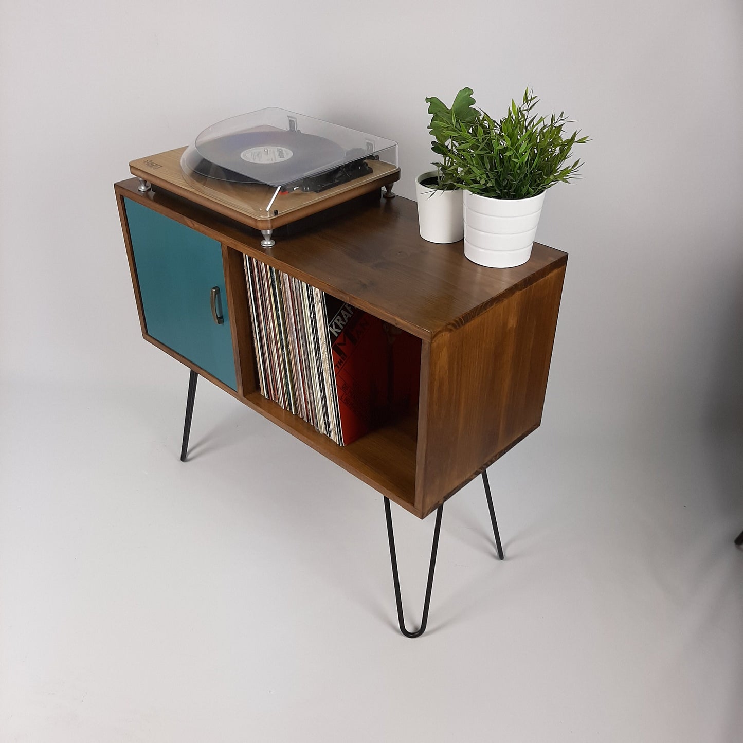 Walnut Sideboard Black Hairpin Legs & Royal Blue Door | Solid Wood Sideboard | Handmade | Vinyl record Storage