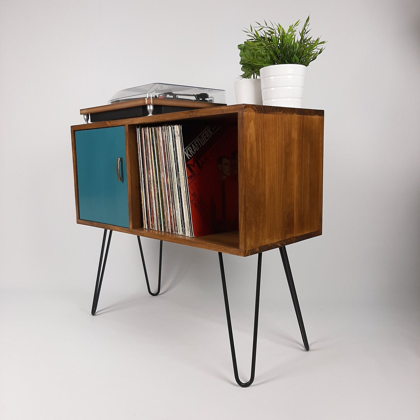 Walnut Sideboard Black Hairpin Legs & Royal Blue Door | Solid Wood Sideboard | Handmade | Vinyl record Storage