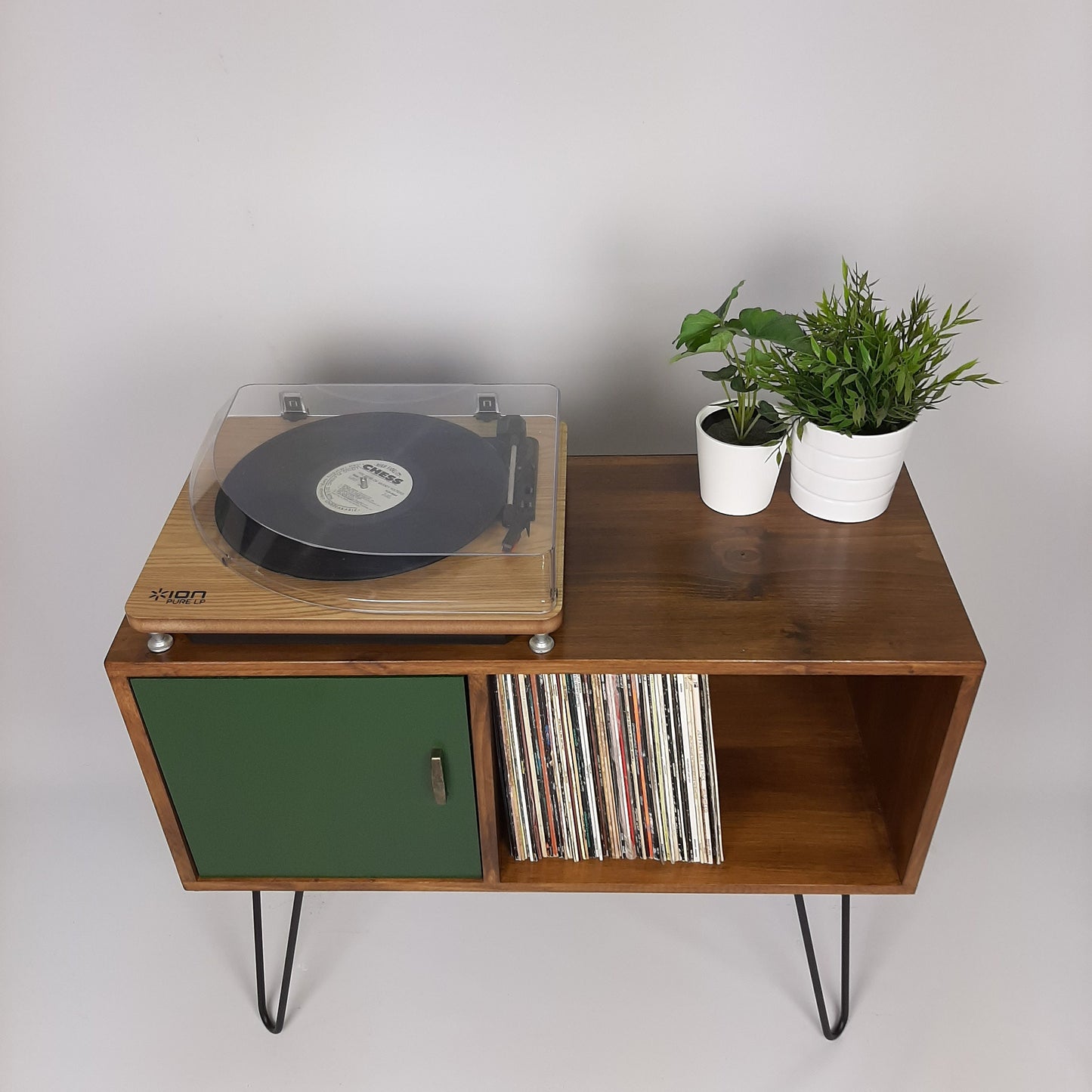 Vinyl Record Storage | Walnut Sideboard with Black Hairpin Legs | Emerald Green