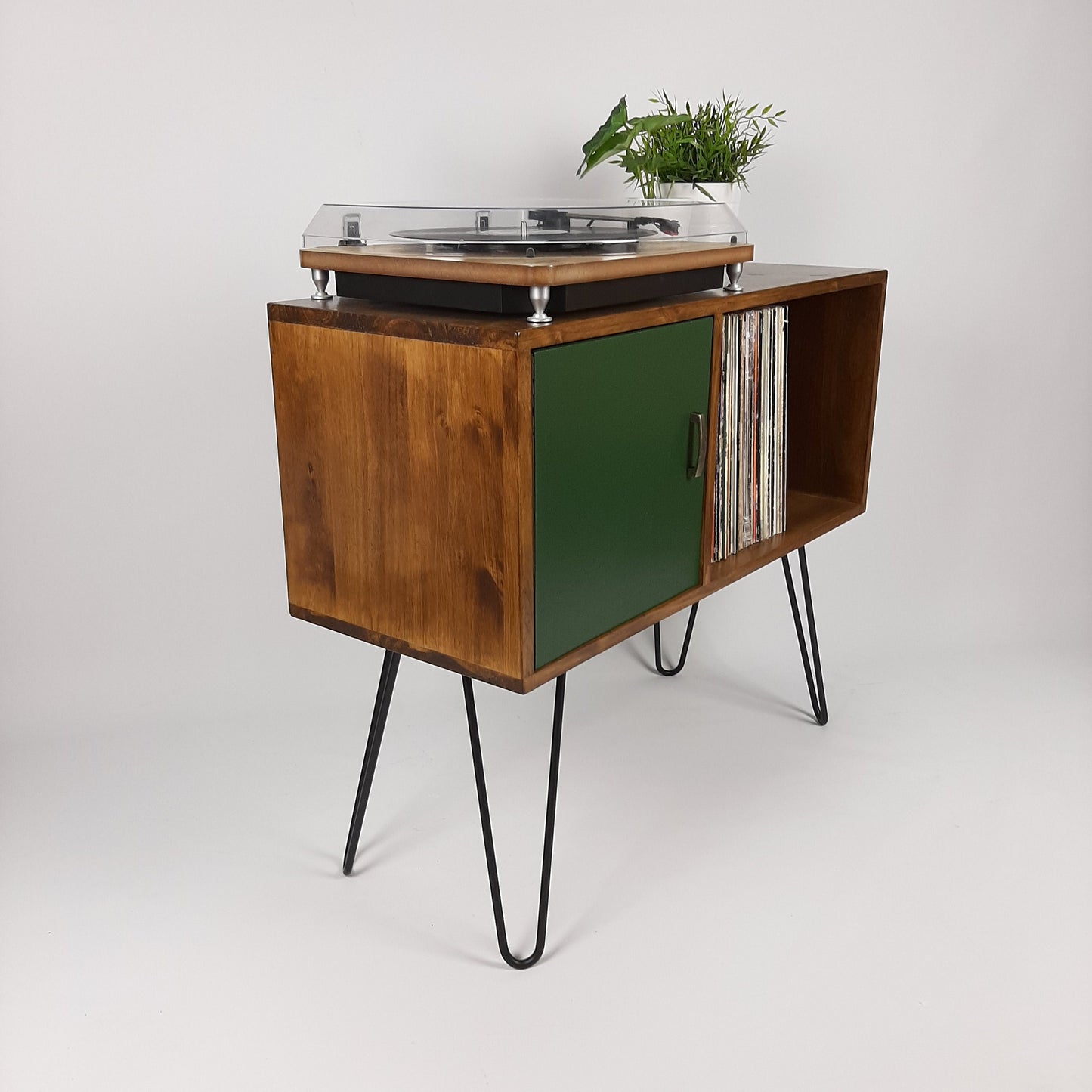 Vinyl Record Storage | Walnut Sideboard with Black Hairpin Legs | Emerald Green