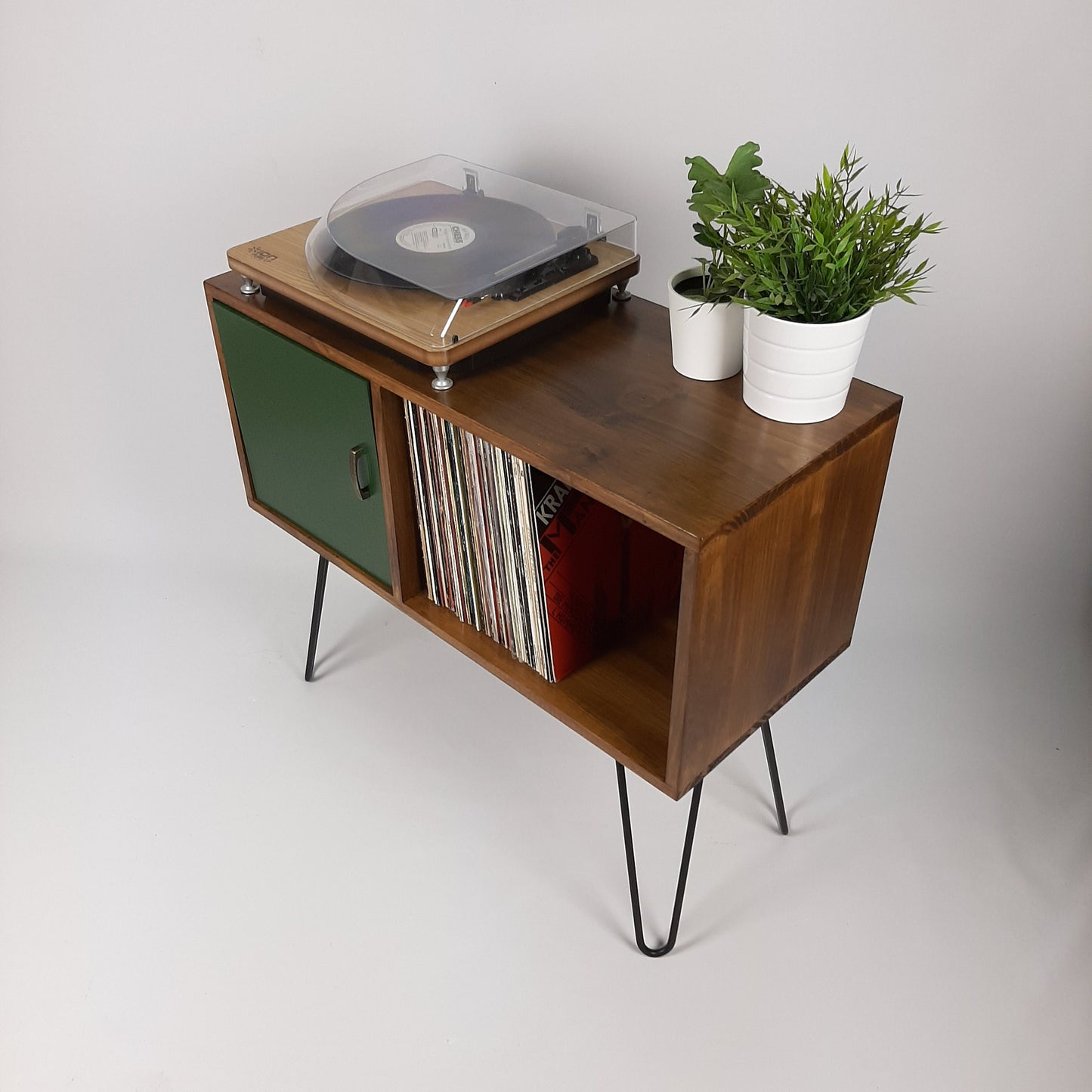 Vinyl Record Storage | Walnut Sideboard with Black Hairpin Legs | Emerald Green
