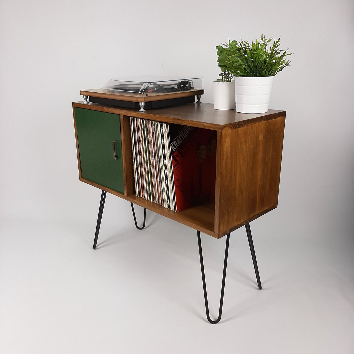 Vinyl Record Storage | Walnut Sideboard with Black Hairpin Legs | Emerald Green