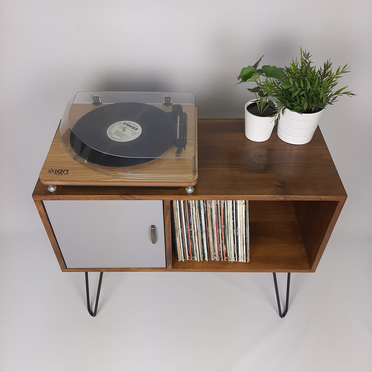 Walnut Sideboard w/ Hairpin Legs | Pearl Grey Door | Vinyl Record Storage | Record Table | Scandinavian Design | Side Table