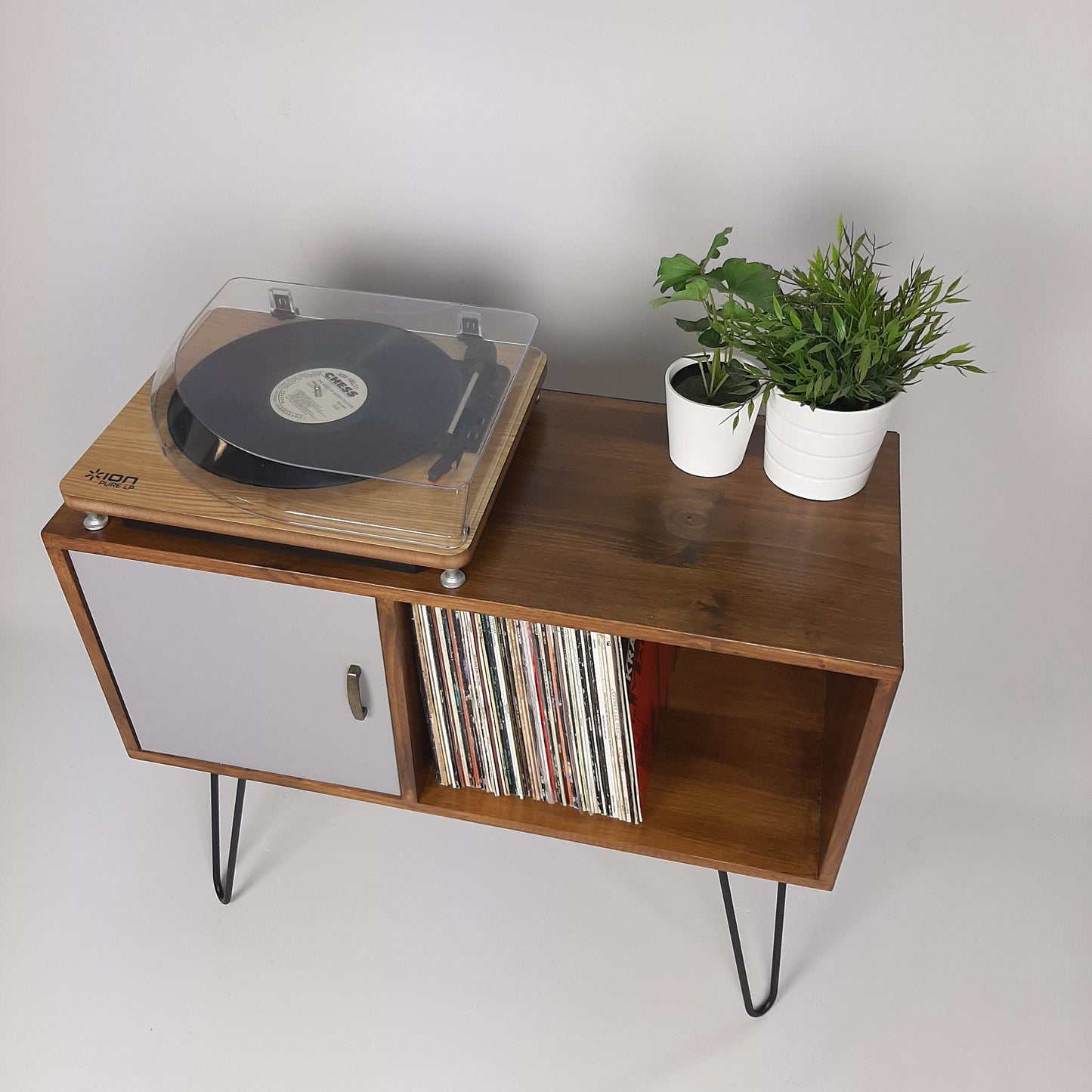 Walnut Sideboard w/ Hairpin Legs | Pearl Grey Door | Vinyl Record Storage | Record Table | Scandinavian Design | Side Table