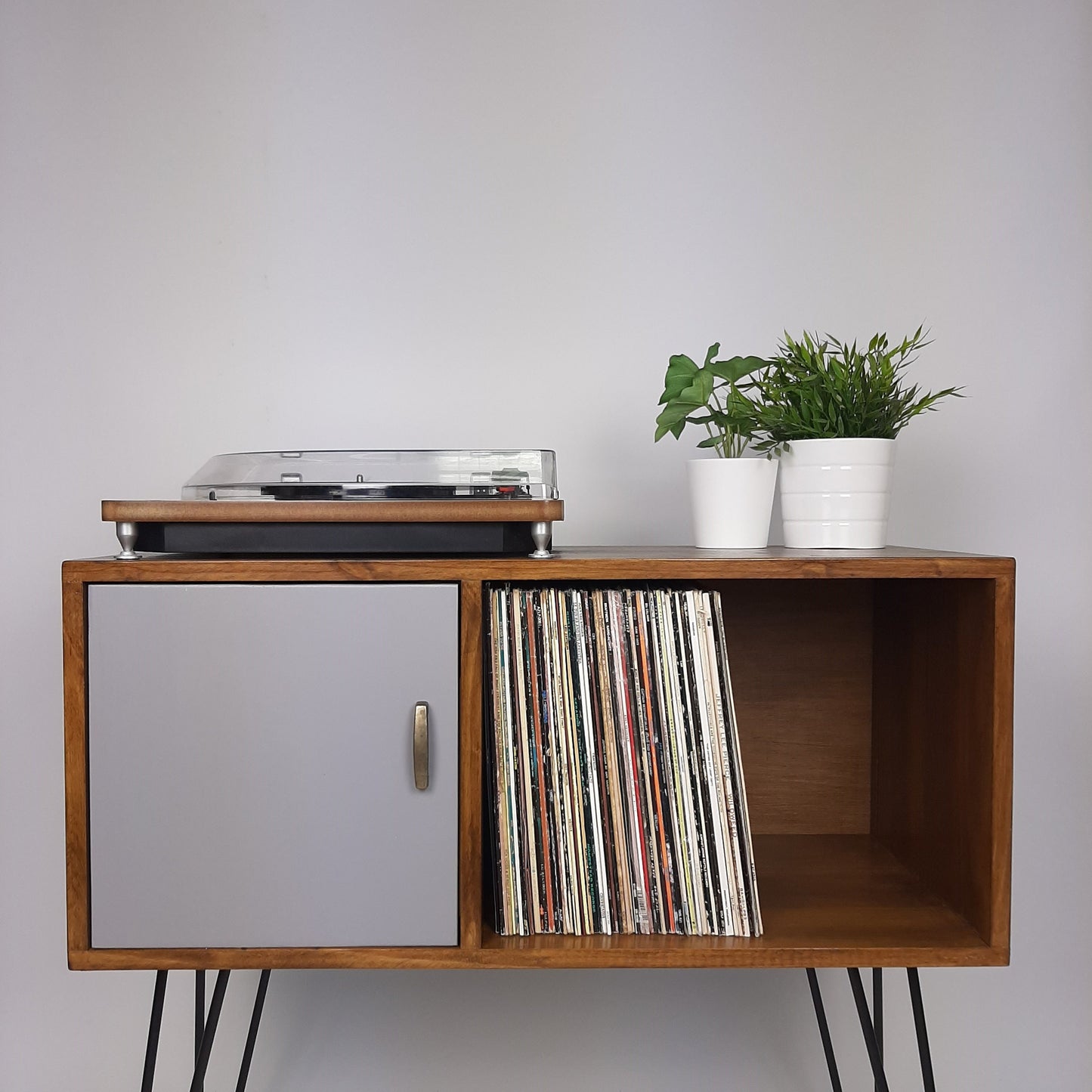 Walnut Sideboard w/ Hairpin Legs | Pearl Grey Door | Vinyl Record Storage | Record Table | Scandinavian Design | Side Table