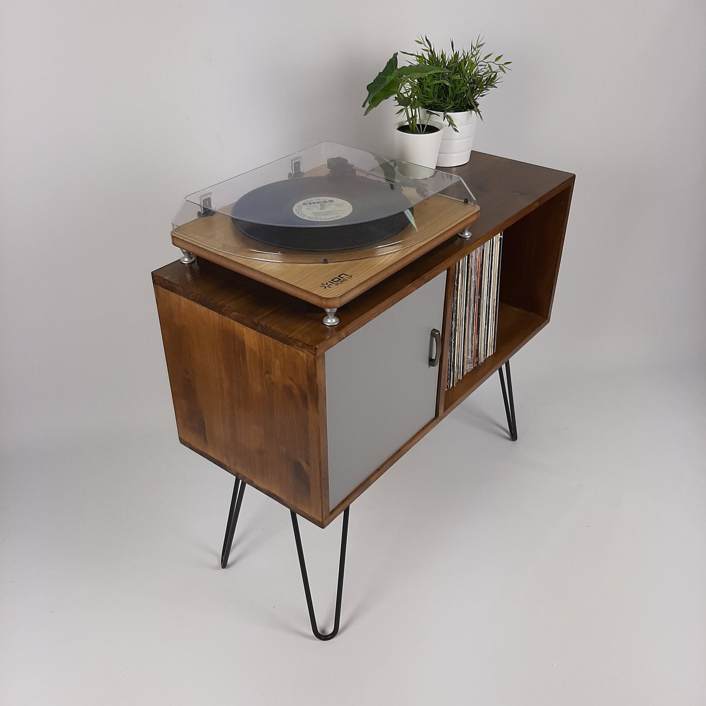 Walnut Sideboard w/ Hairpin Legs | Pearl Grey Door | Vinyl Record Storage | Record Table | Scandinavian Design | Side Table