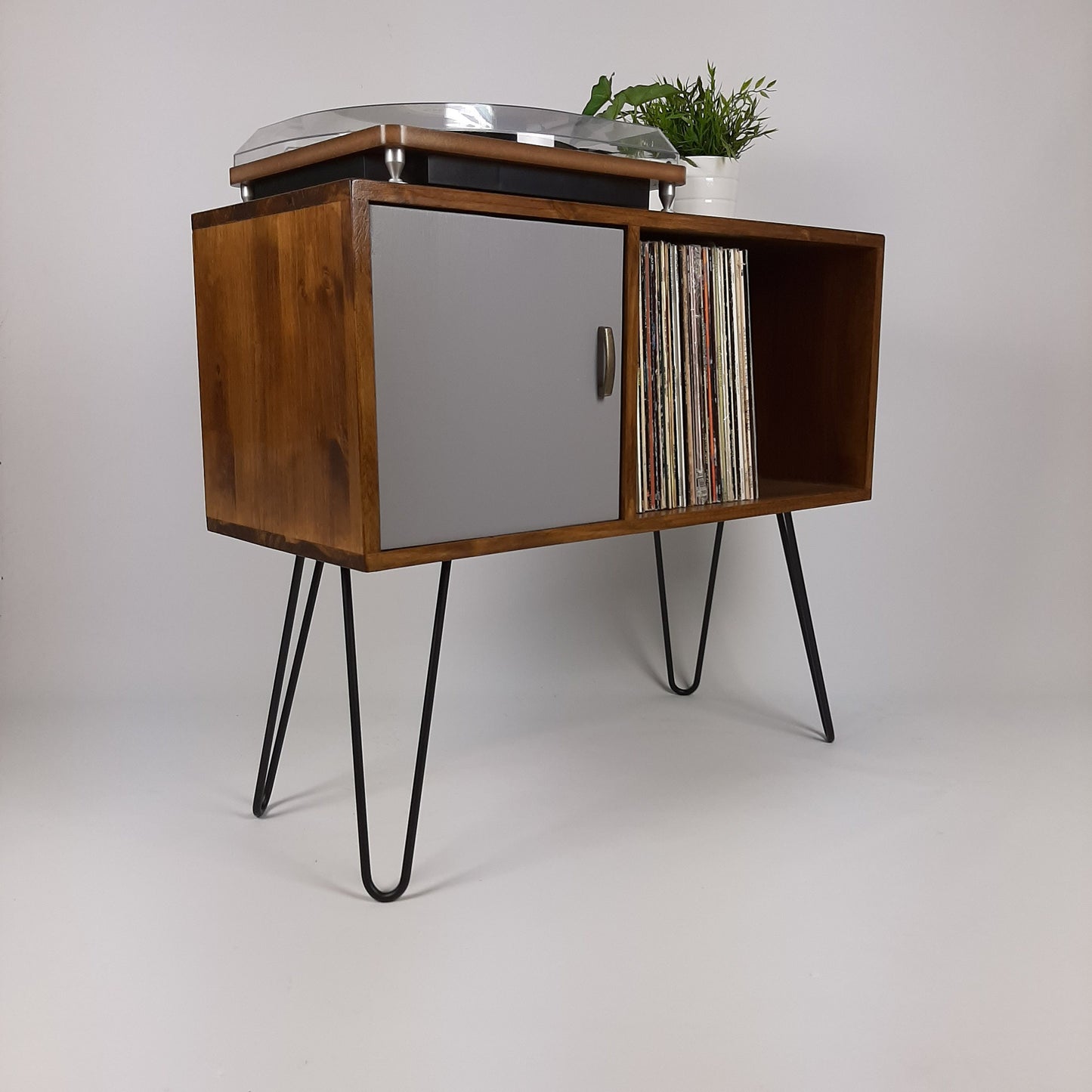 Walnut Sideboard w/ Hairpin Legs | Pearl Grey Door | Vinyl Record Storage | Record Table | Scandinavian Design | Side Table
