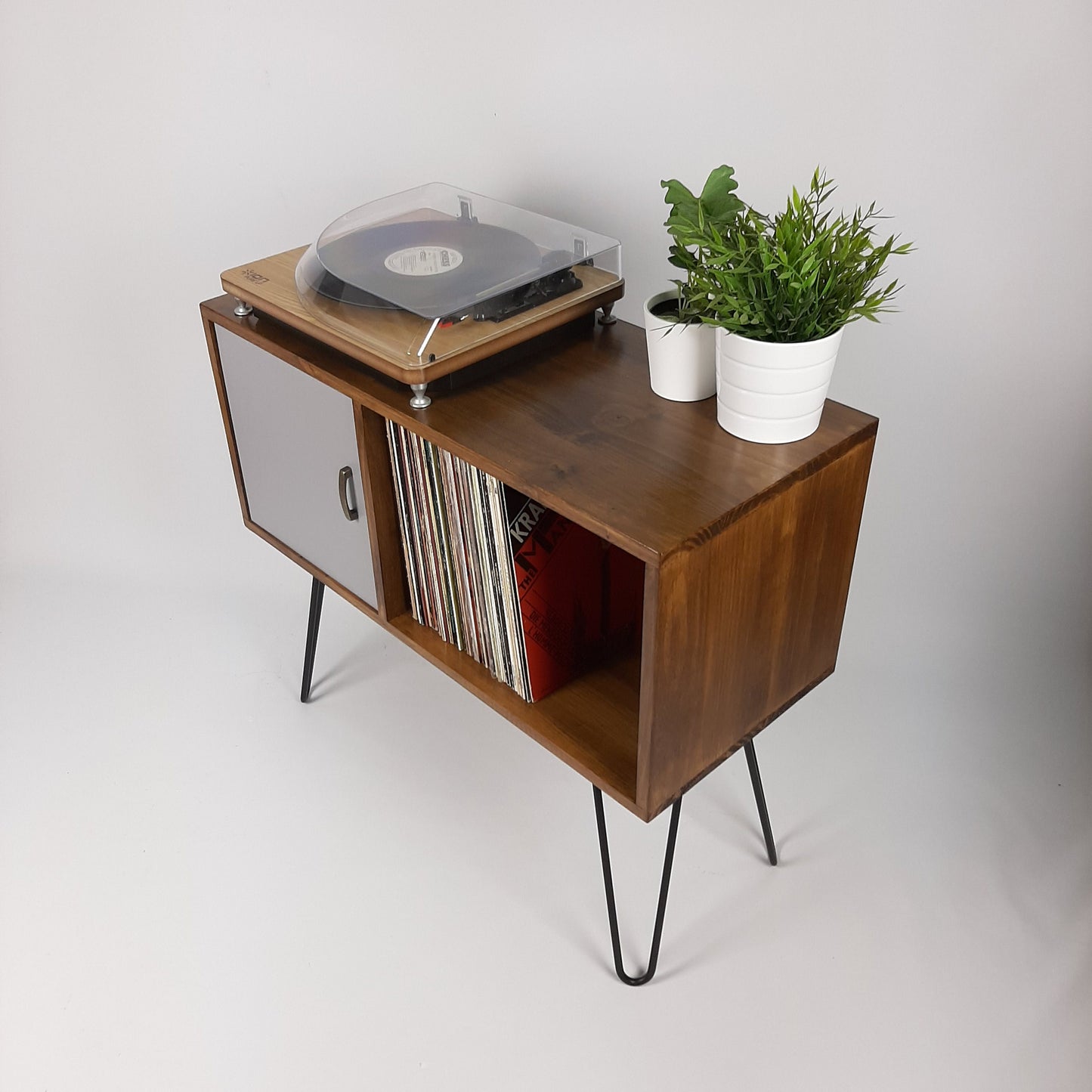 Walnut Sideboard w/ Hairpin Legs | Pearl Grey Door | Vinyl Record Storage | Record Table | Scandinavian Design | Side Table