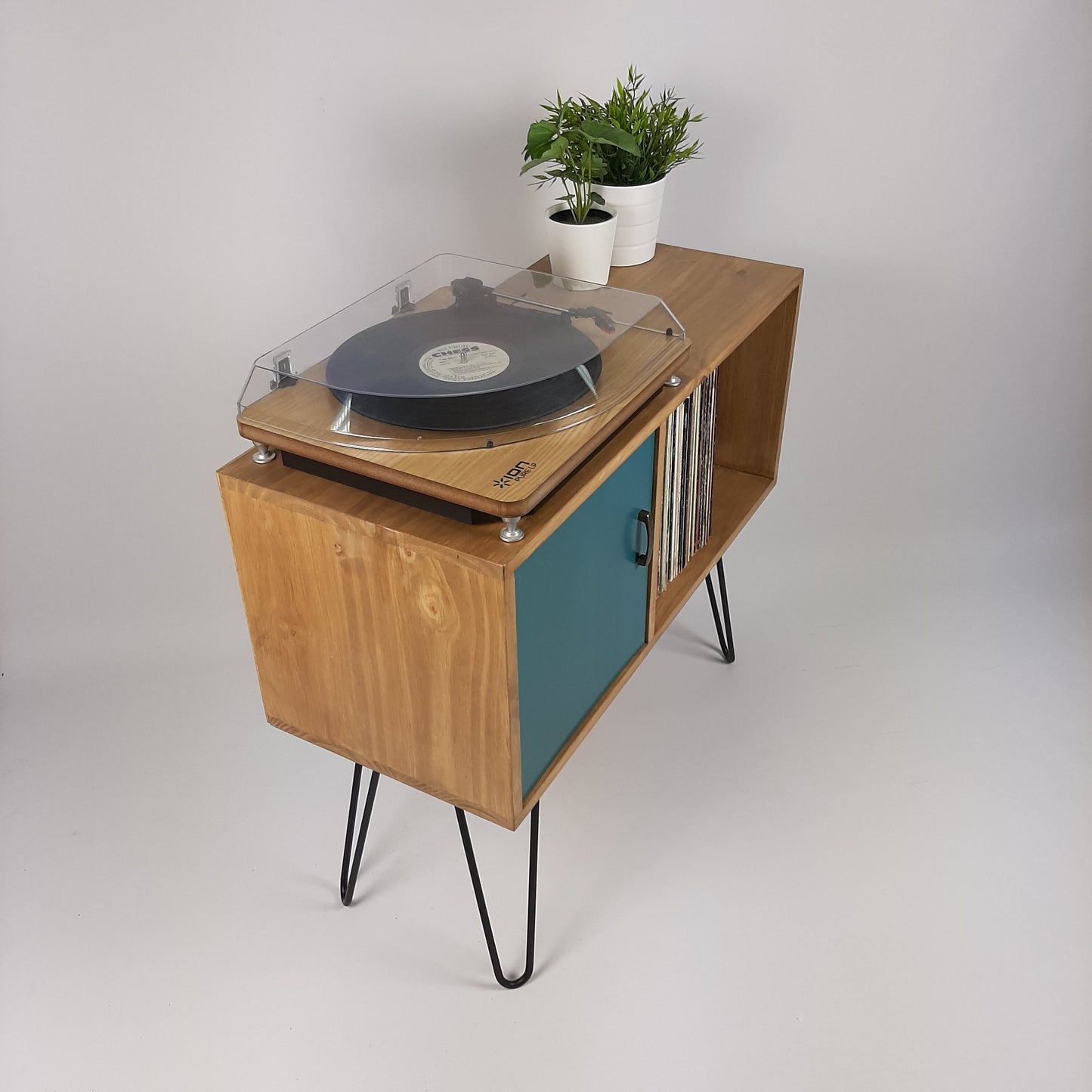 Oak Sideboard Royal Blue Door | Hairpin Legs | Media Console | Vinyl Cabinet | Vinyl Storage