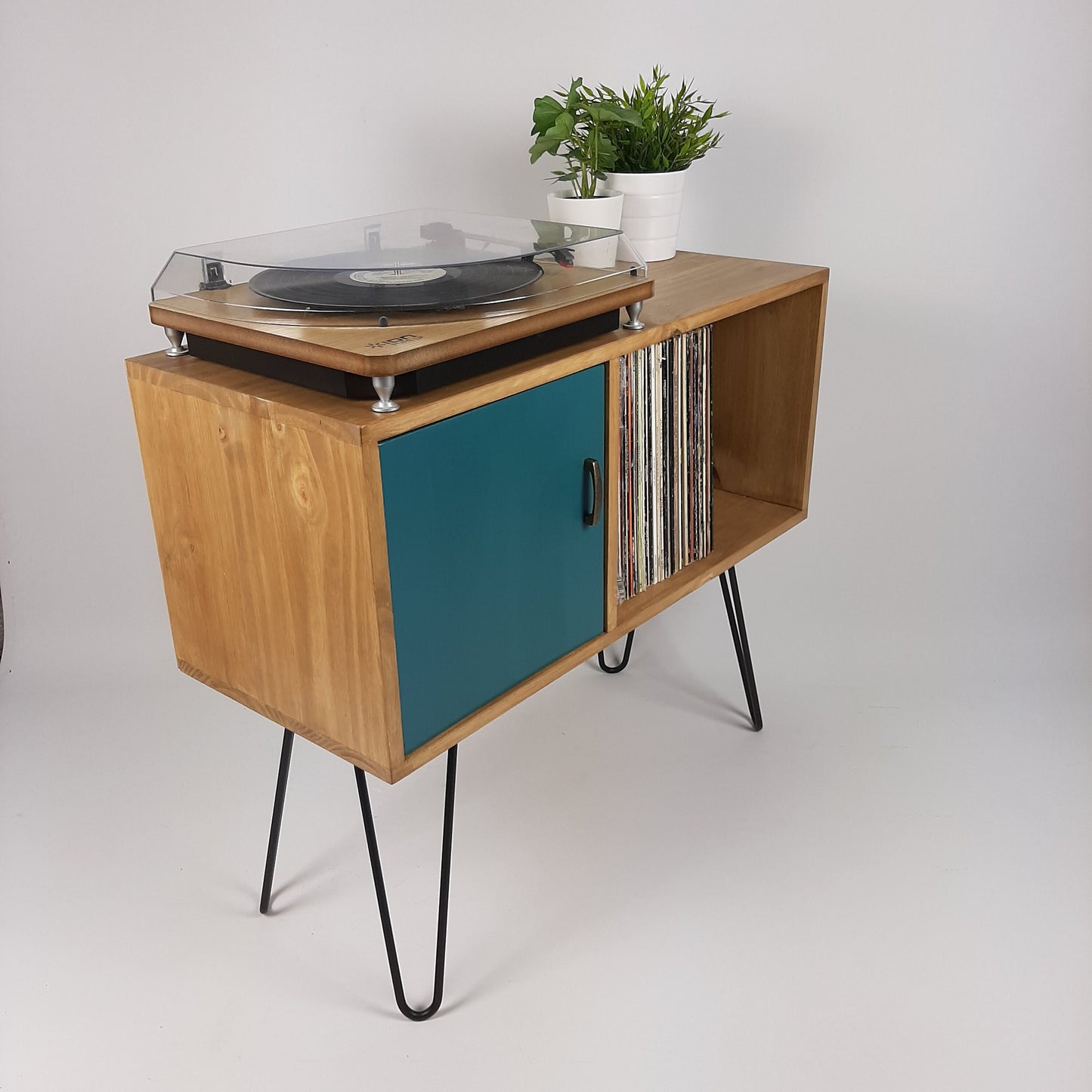 Oak Sideboard Royal Blue Door | Hairpin Legs | Media Console | Vinyl Cabinet | Vinyl Storage