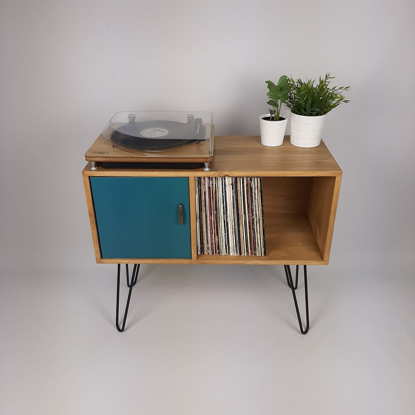 Oak Sideboard Royal Blue Door | Hairpin Legs | Media Console | Vinyl Cabinet | Vinyl Storage